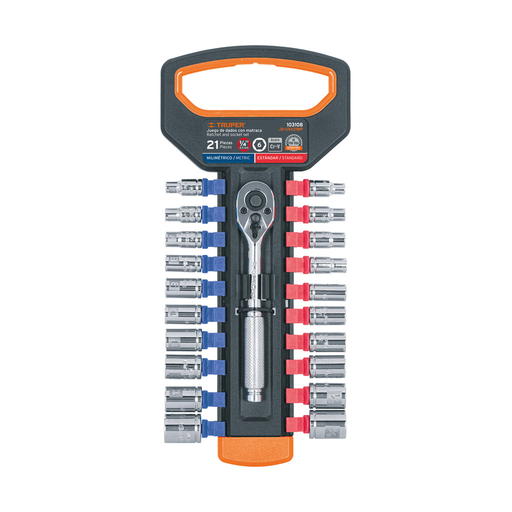Truper JD-1/4X21MP Juego de dados mm y std con matraca, cuadro 1/4"