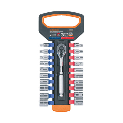Truper JD-1/4X21MP Juego de dados mm y std con matraca, cuadro 1/4