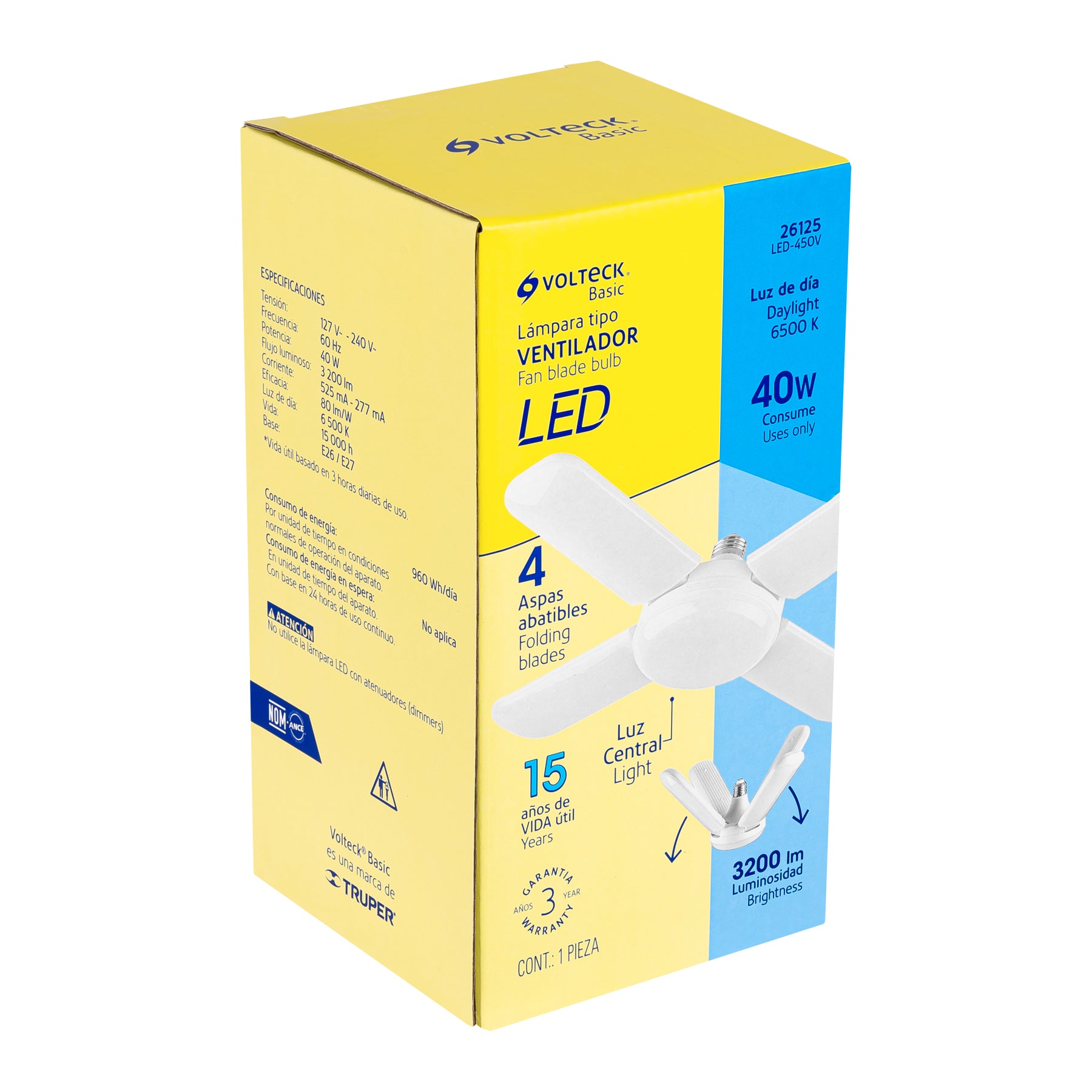 Volteck LED-450V Lámpara LED 40W tipo ventilador, 4 aspas ajustables