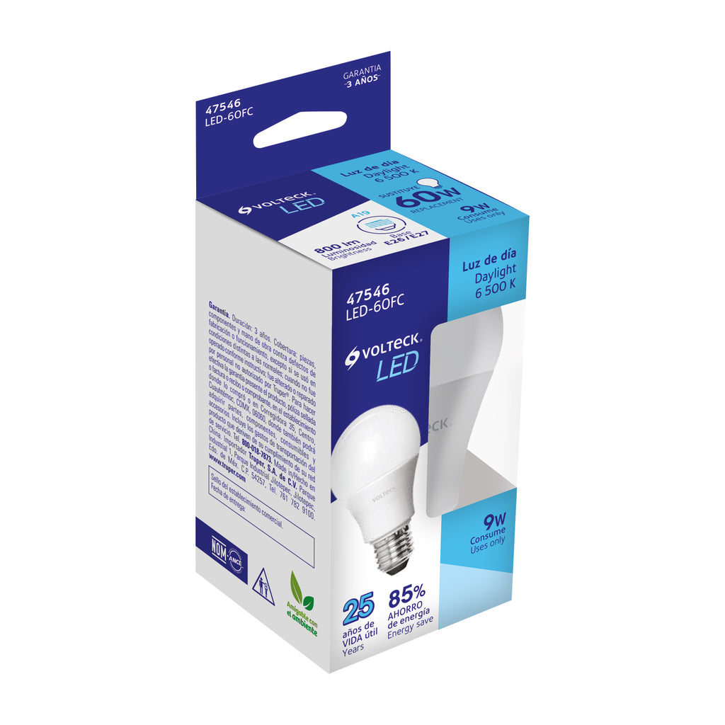 Voltech Led Bulb Volteck LED-60FC Lámpara LED tipo bulbo A19 9 W luz de día, caja