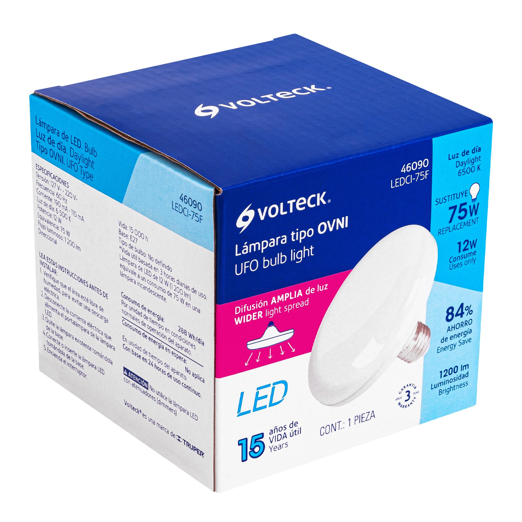 Volteck LEDCI-75F Lámpara de LED tipo OVNI 12W, luz de día