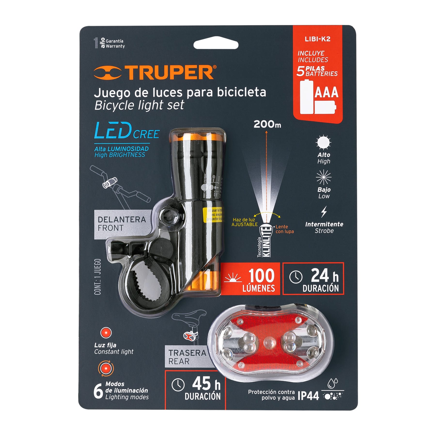Truper LIBI-K2 Linternas para bicicleta, delantera y trasera, kit 2 piezas