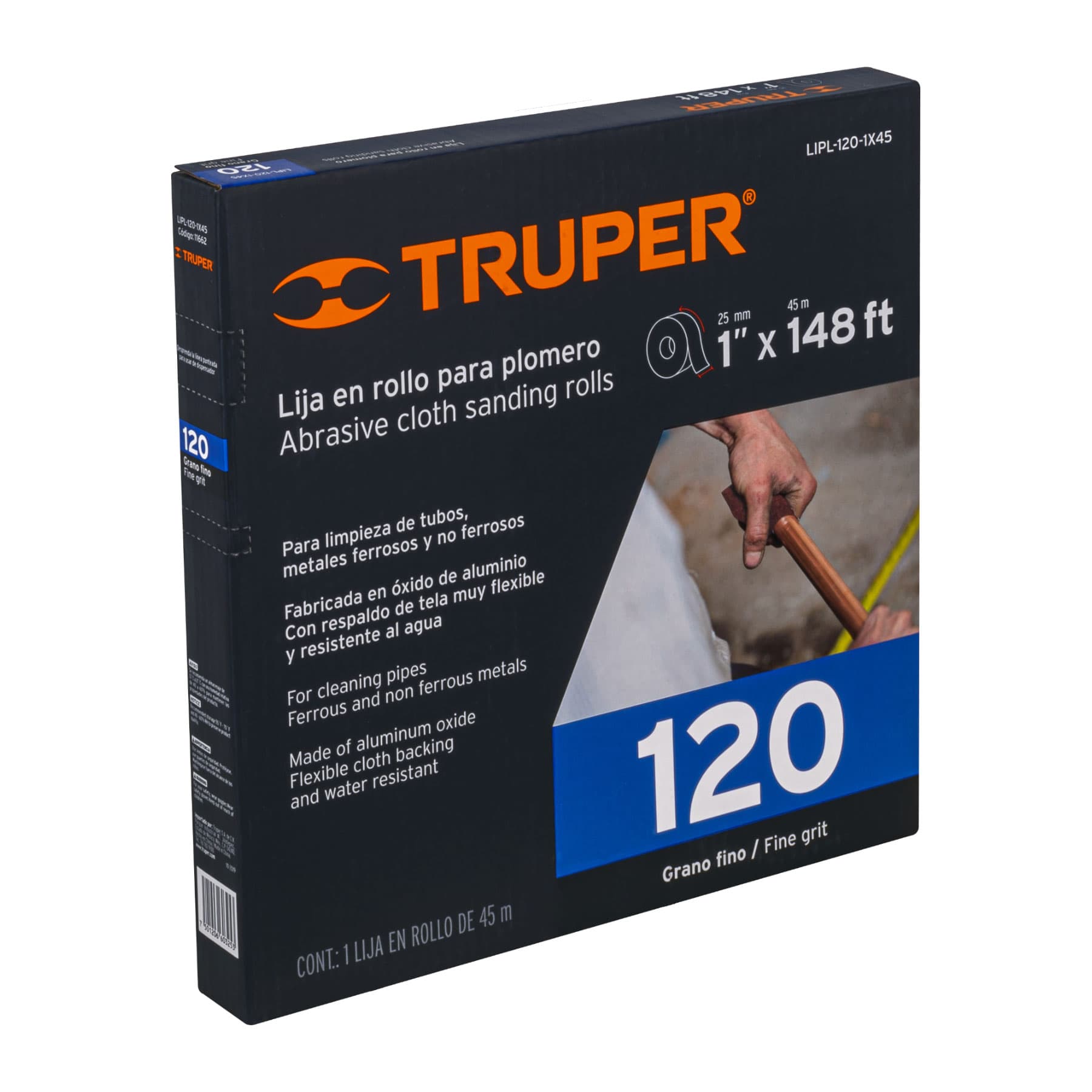 Truper LIPL-120-1X45 Lija para plomero grano 120, ancho 1', rollo de 45 m