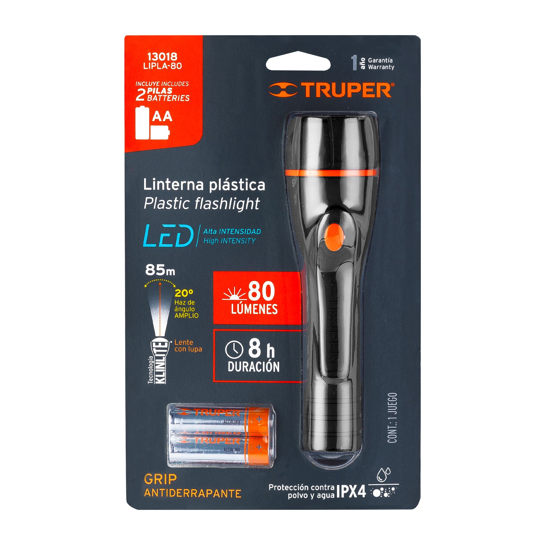 Truper LIPLA-80 Linterna plástica, de pilas, 80 lm, LED alta intensidad