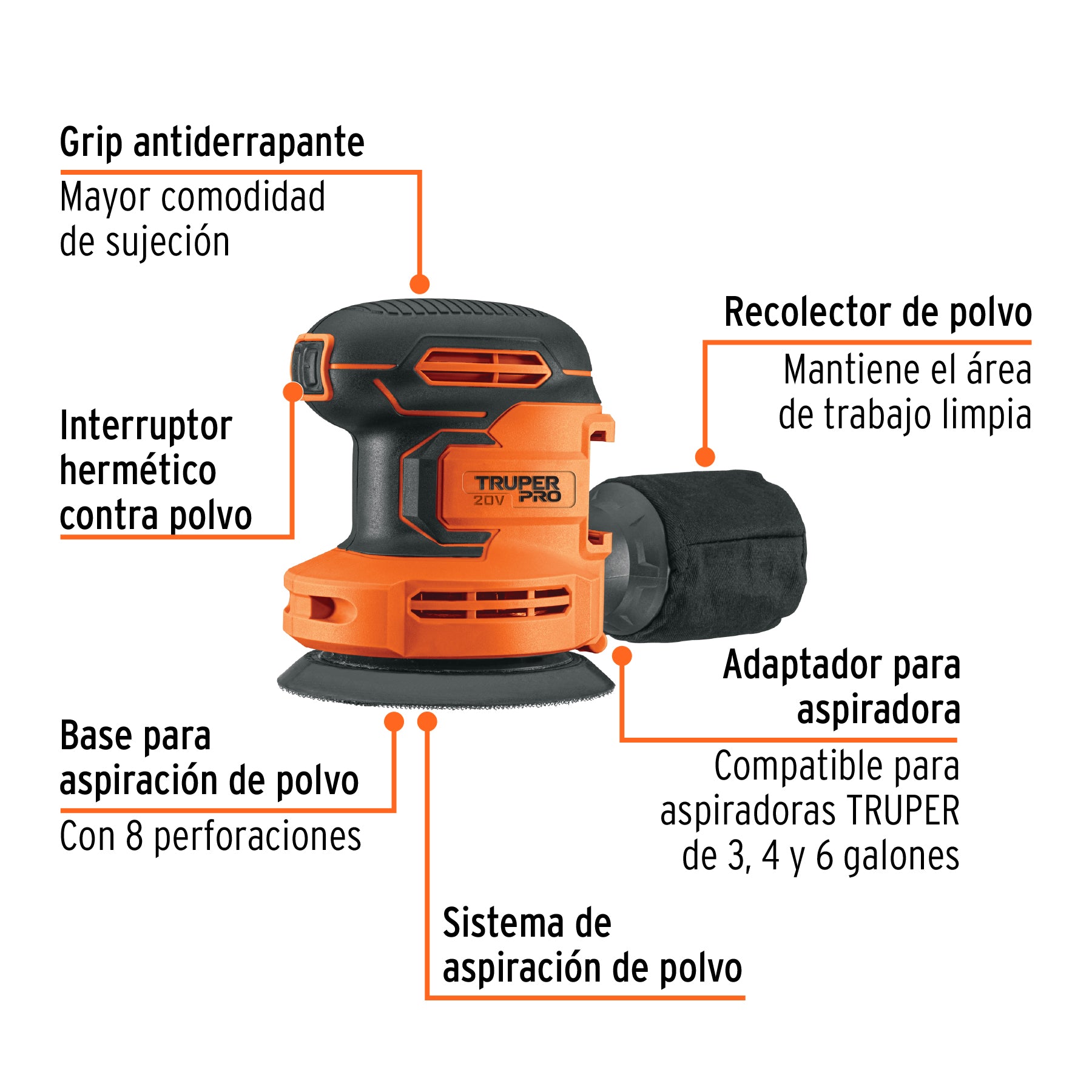 Lijadora roto-orbital 5", 20V, sin accesorios, PRO