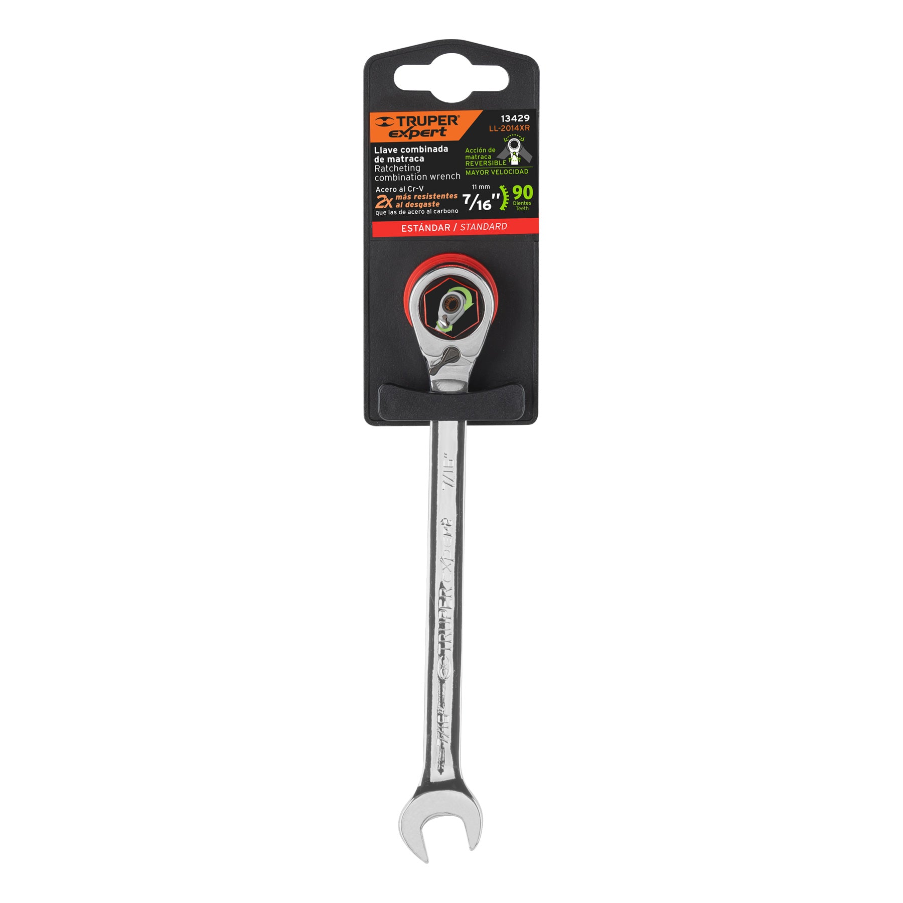 Expert LL-2014XR Llave combinada matraca reversible 7/16'x163 mm largo, Expert