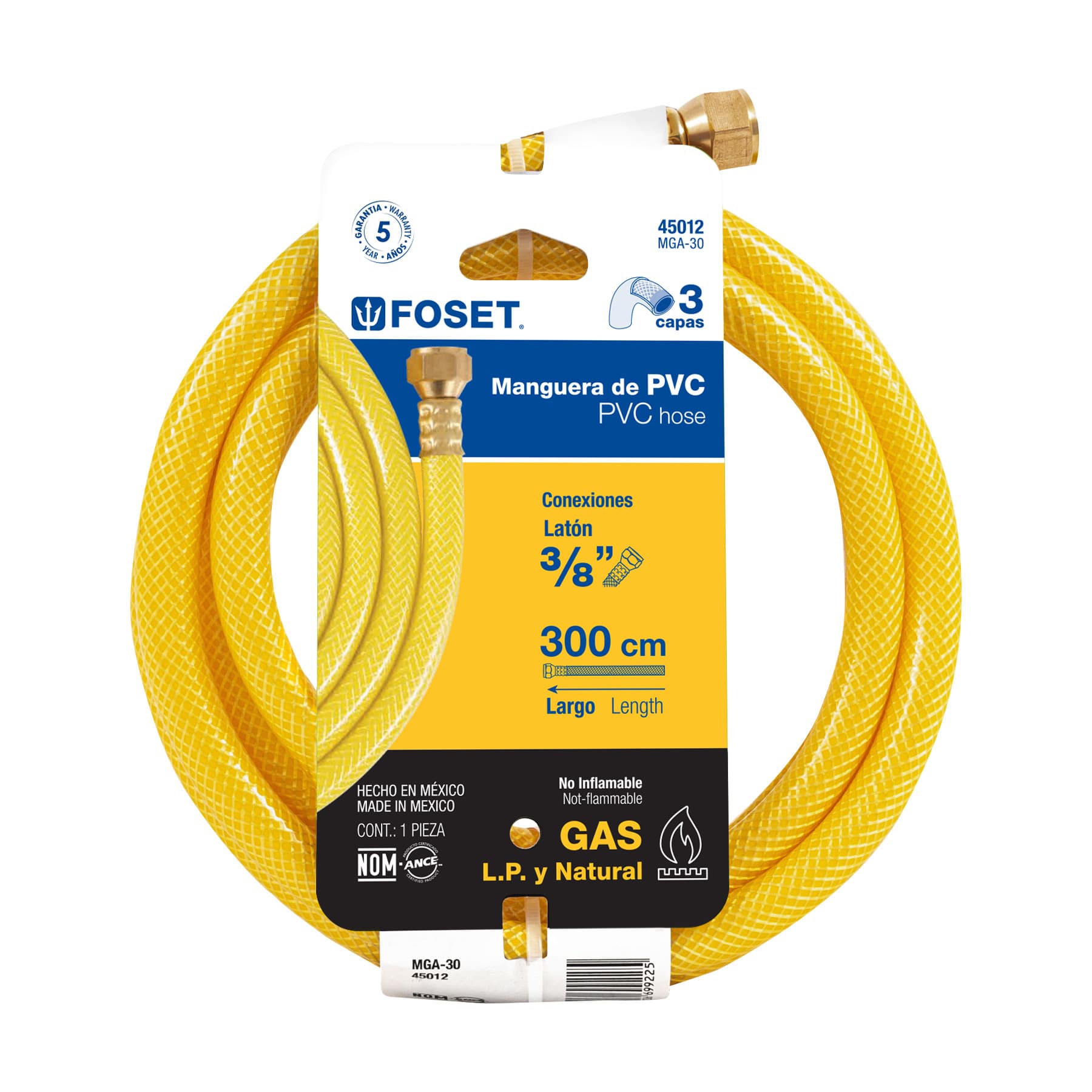 Foset MGA-30 Manguera para gas 3/8' flexible amarilla de 3 m, c/conexión