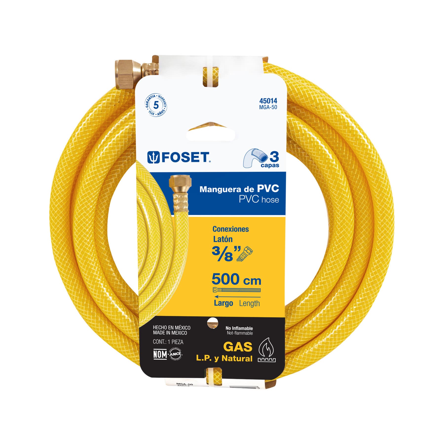 Foset MGA-50 Manguera para gas 3/8' flexible amarilla de 5 m, c/conexión