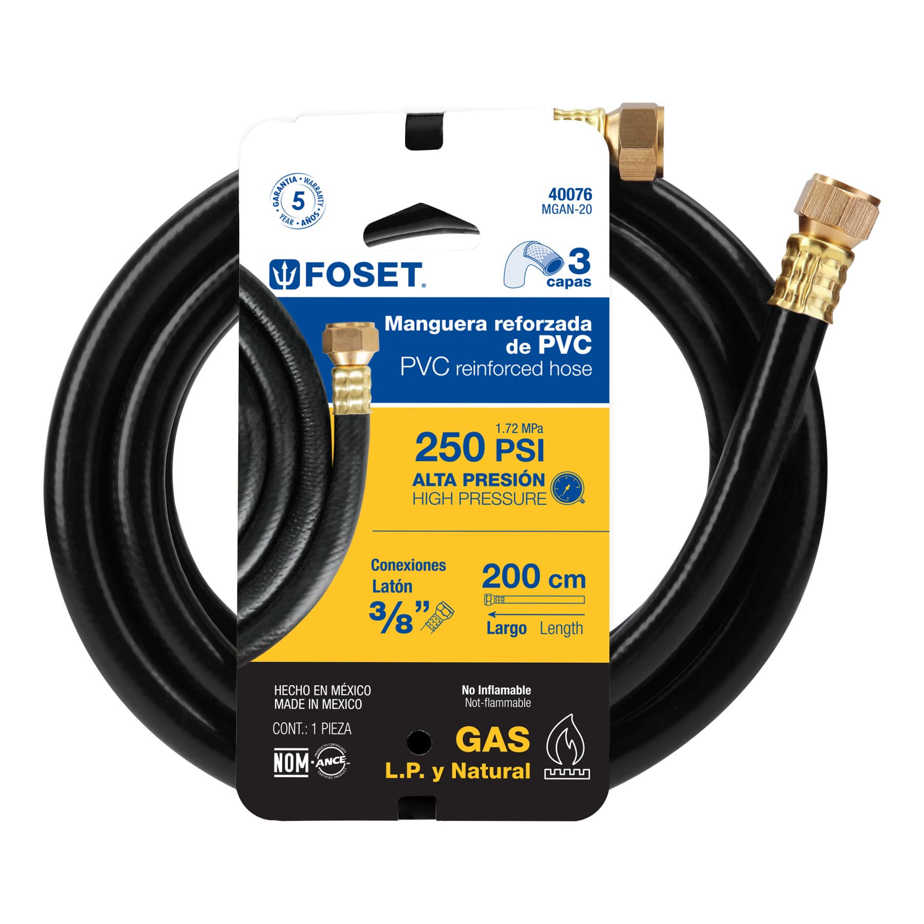 Foset MGAN-20 Manguera para gas 3/8' flexible negra de 2 m, con conexión