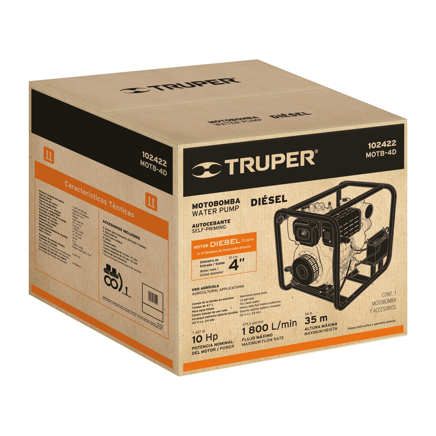 Truper MOTB-4D Motobomba autocebante 14 HP a diesel 4" x 4", 4 tiempos
