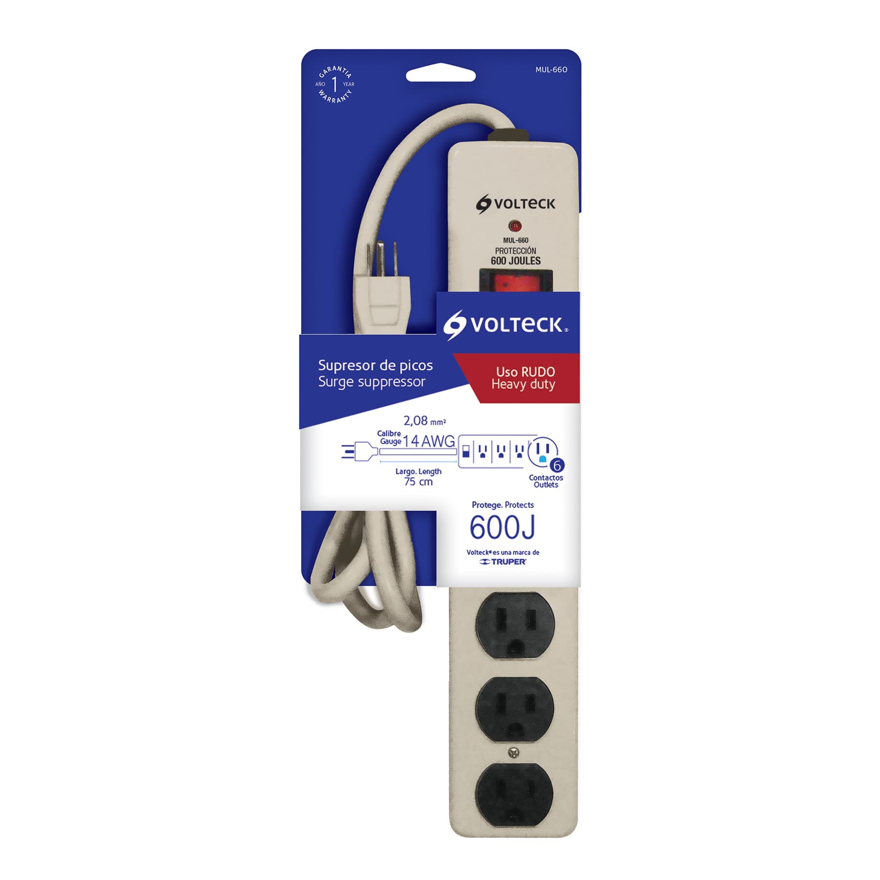 Volteck MUL-660 Multicontacto uso rudo, 6 entradas, supresor, 600 joules