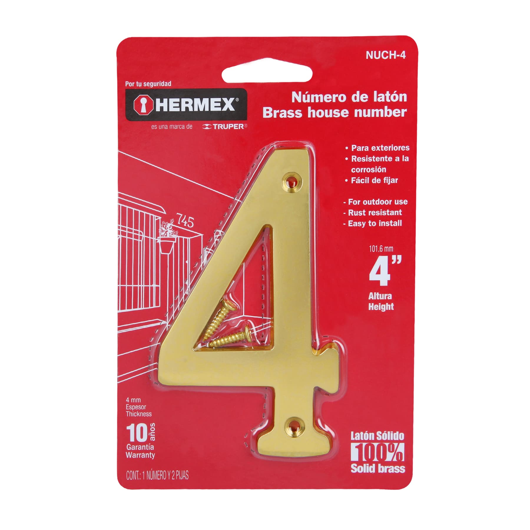 Hermex NUCH-4 Número de latón sólido de 4', No.4