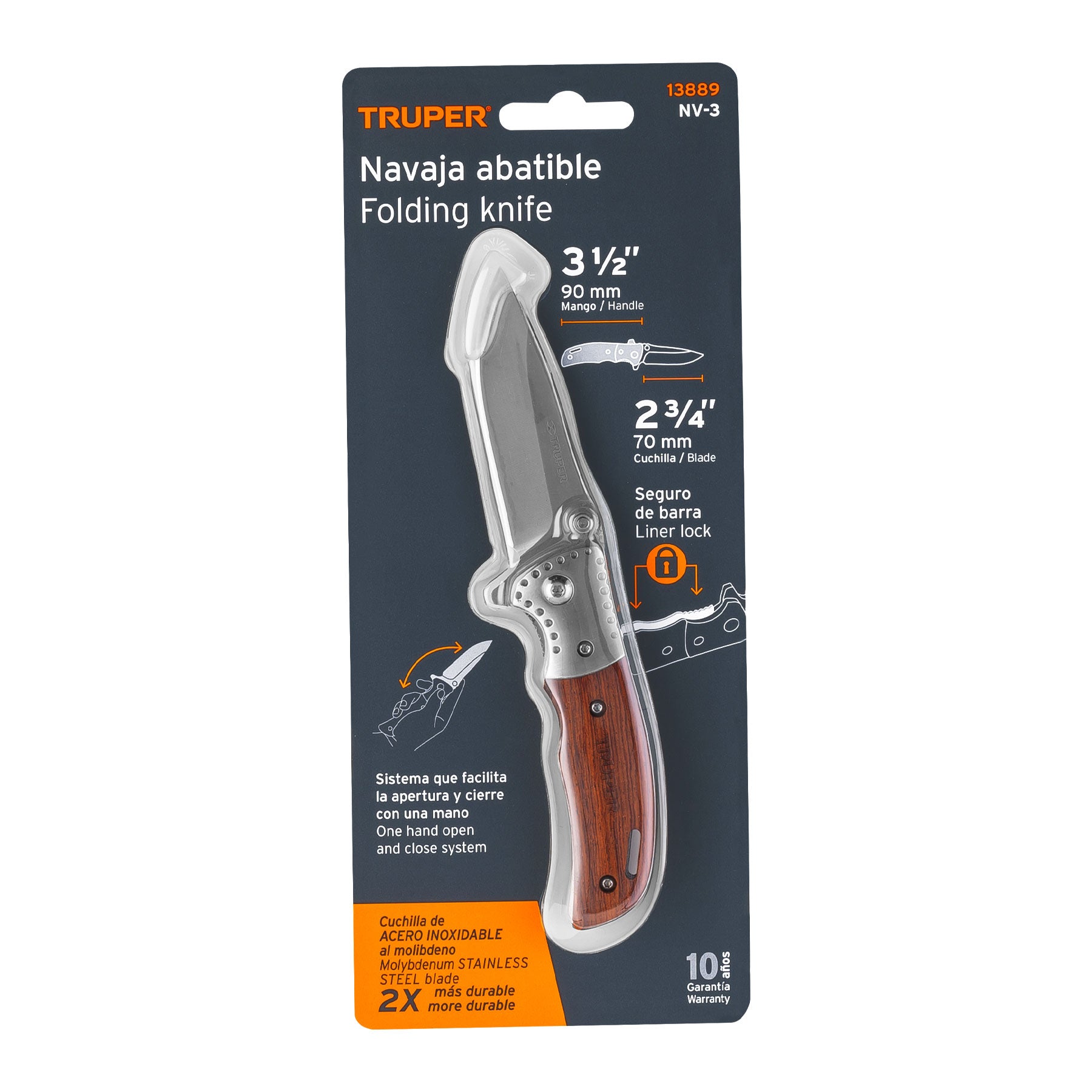 Truper NV-3 Navaja abatible, mango de madera, 3-1/2'