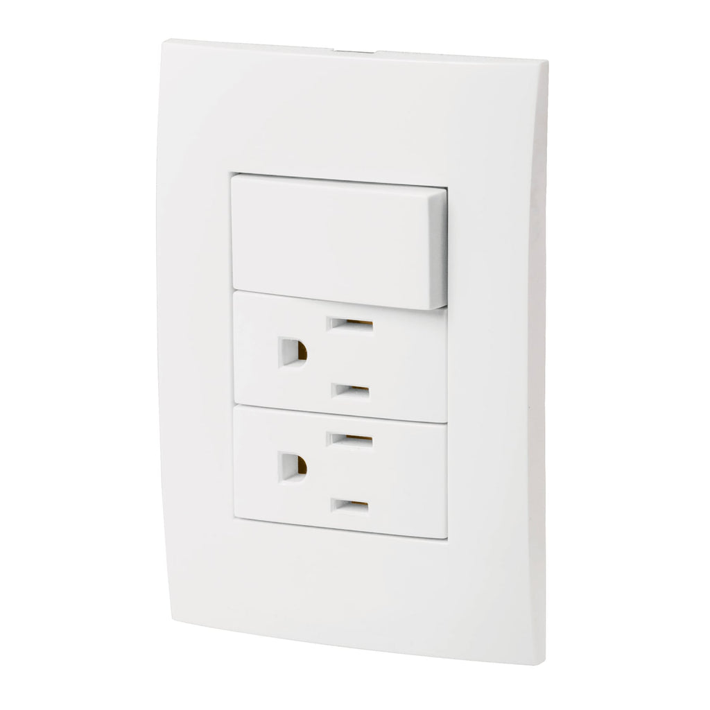 Volteck PA-APCO-O3B Placa armada 2 contactos e interruptor, línea Oslo, blanco