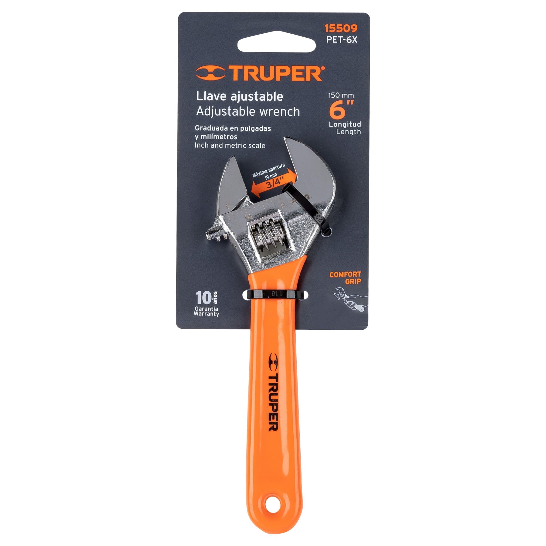 Truper PET-6X Llave ajustable (perico), cromado 6', mango de PVC