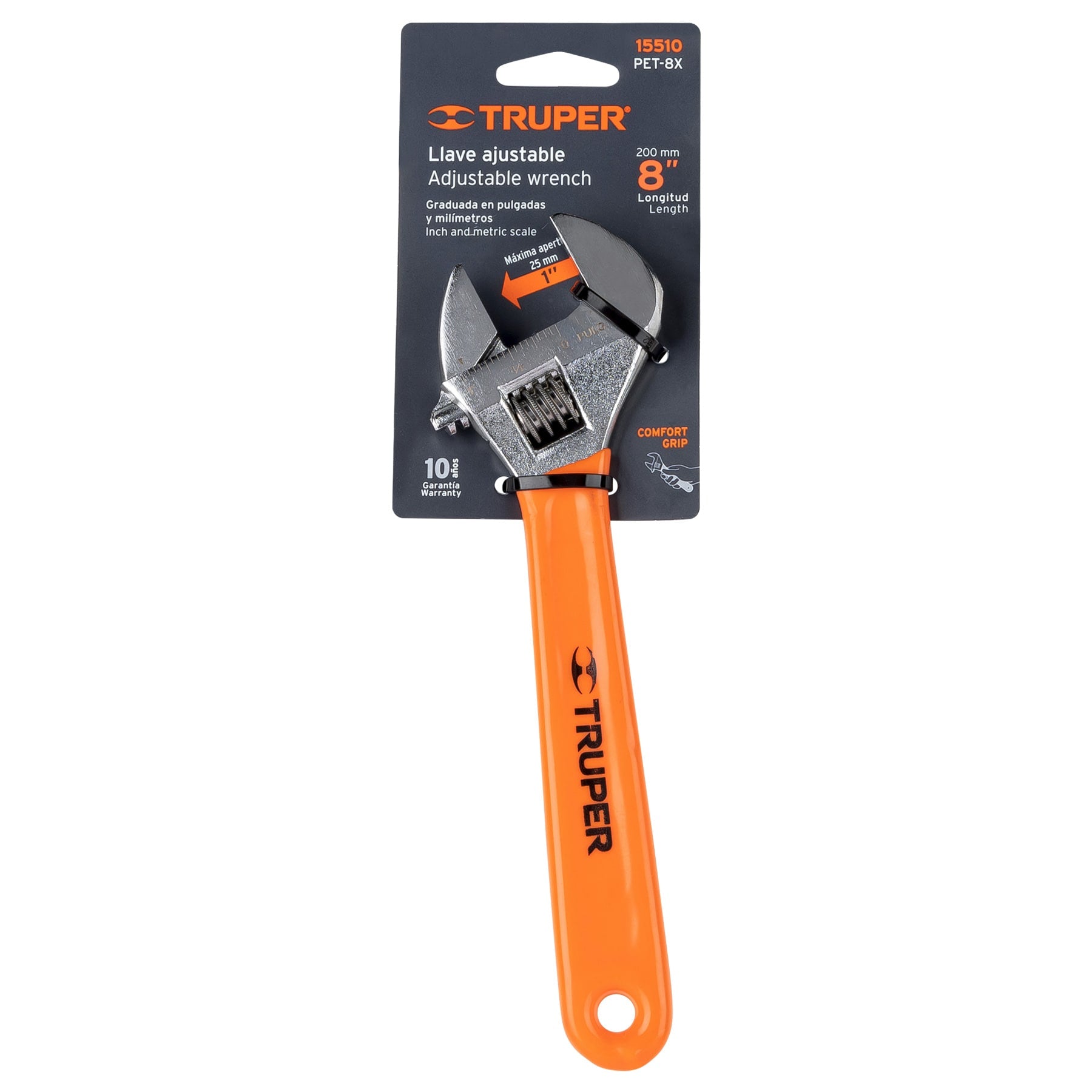 Truper PET-8X Llave ajustable (perico) 8' cromada mango de PVC, Truper