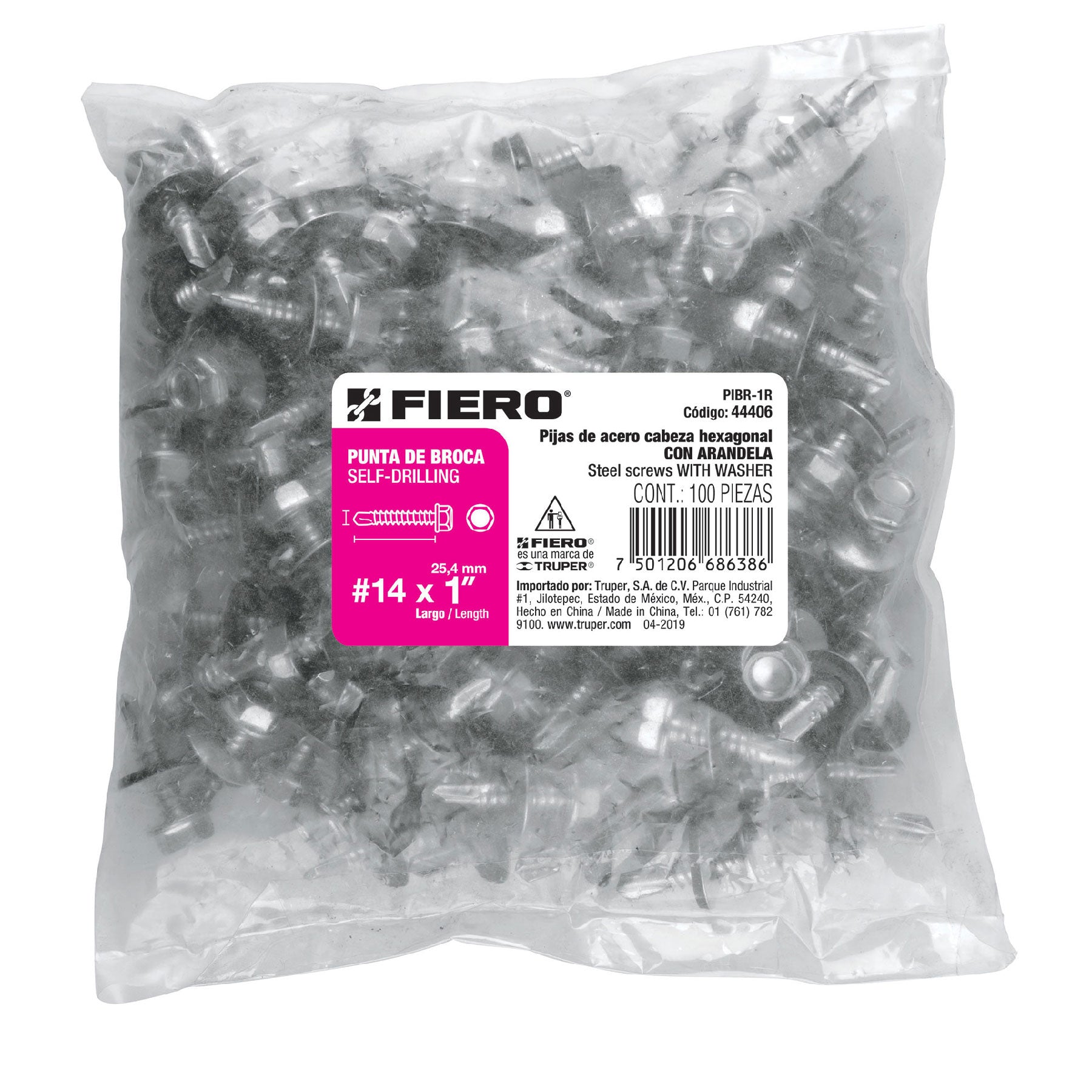 Fiero PIBR-1R Pija hexagonal,punta broca c/rondanas 1', bolsa c/100 pzas
