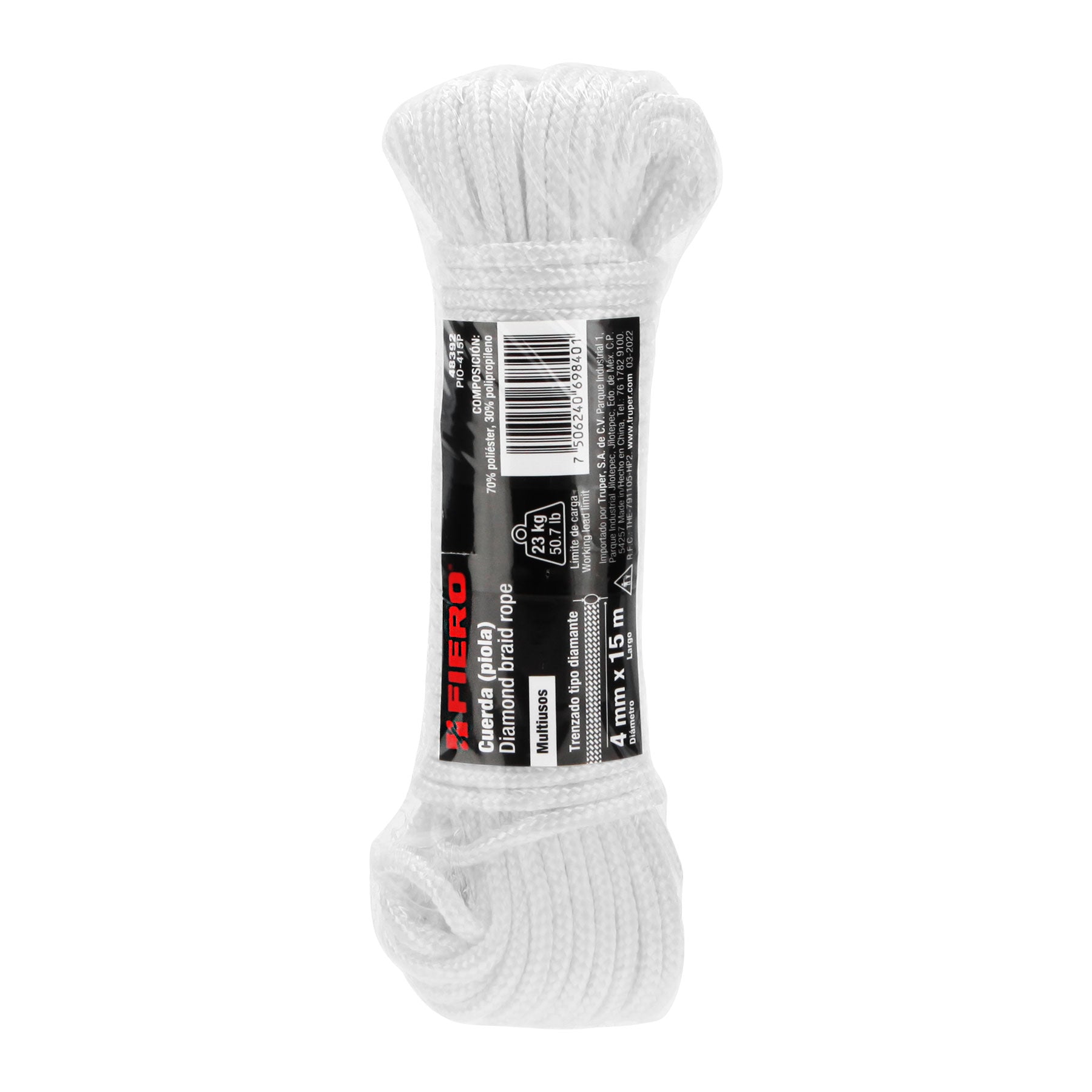 Fiero PIO-415P Piola de poliéster diamante de 4 mm x 15 m blanca