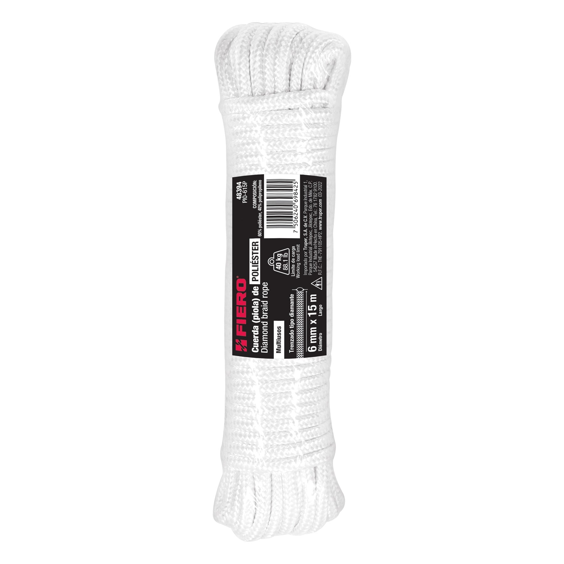 Fiero PIO-615P Piola de poliéster diamante de 6 mm x 15 m blanca