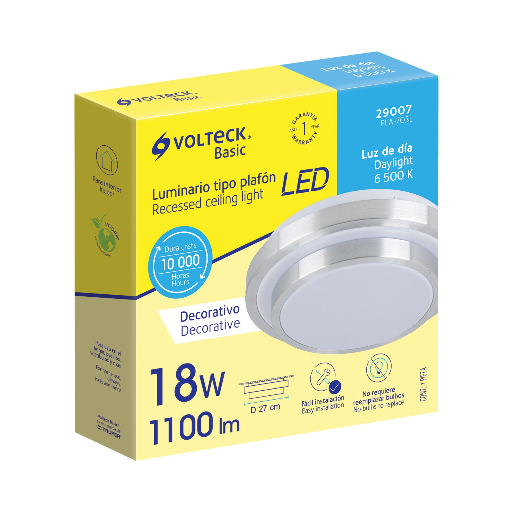 Volteck PLA-703L Luminario LED 18 W plafón decorativo metálico luz día, Basic