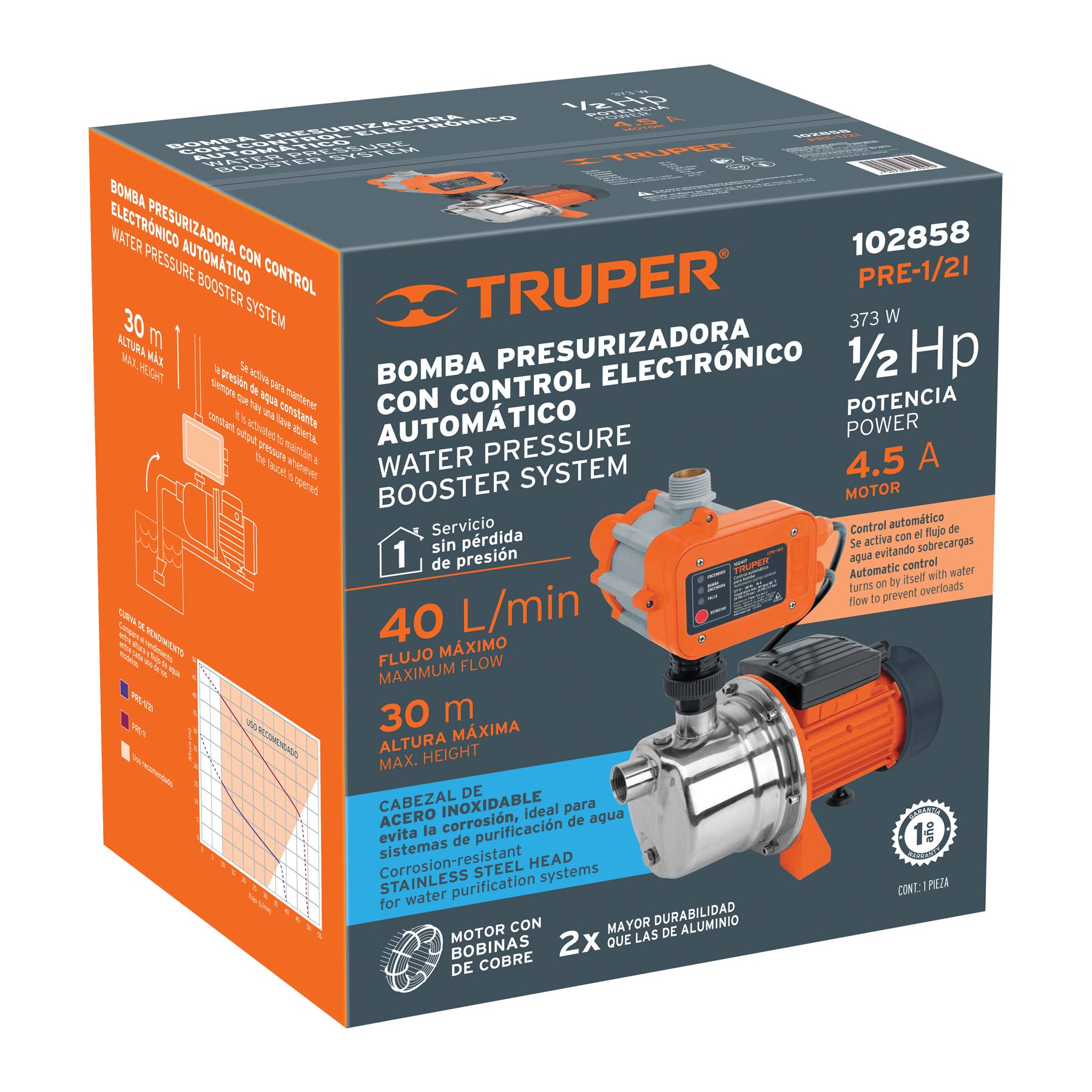 102858 PRE-1/2I Bomba presurizadora jet acero 1/2 HP con control, Truper