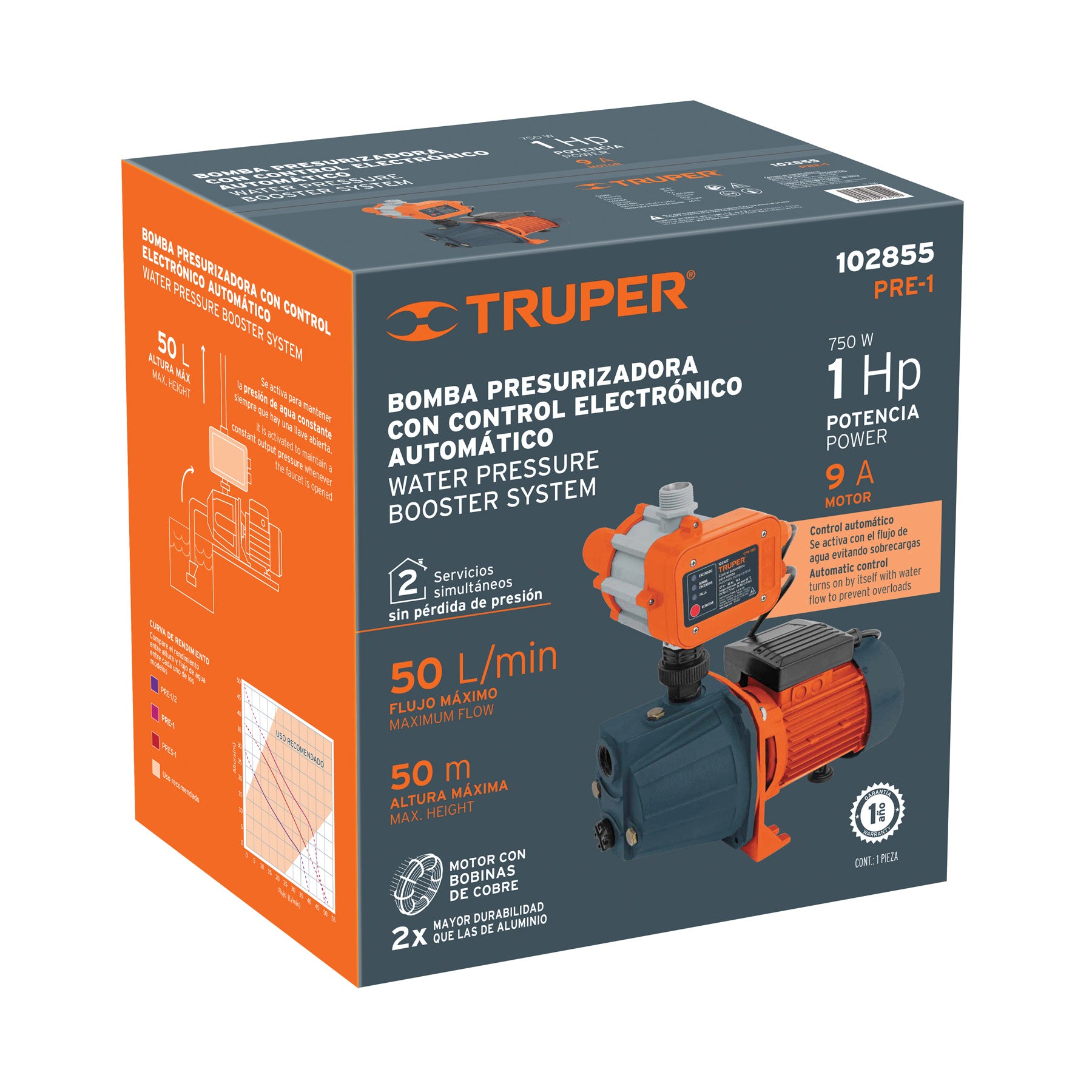102855 PRE-1 Bomba presurizadora jet hierro 1 HP con control, Truper
