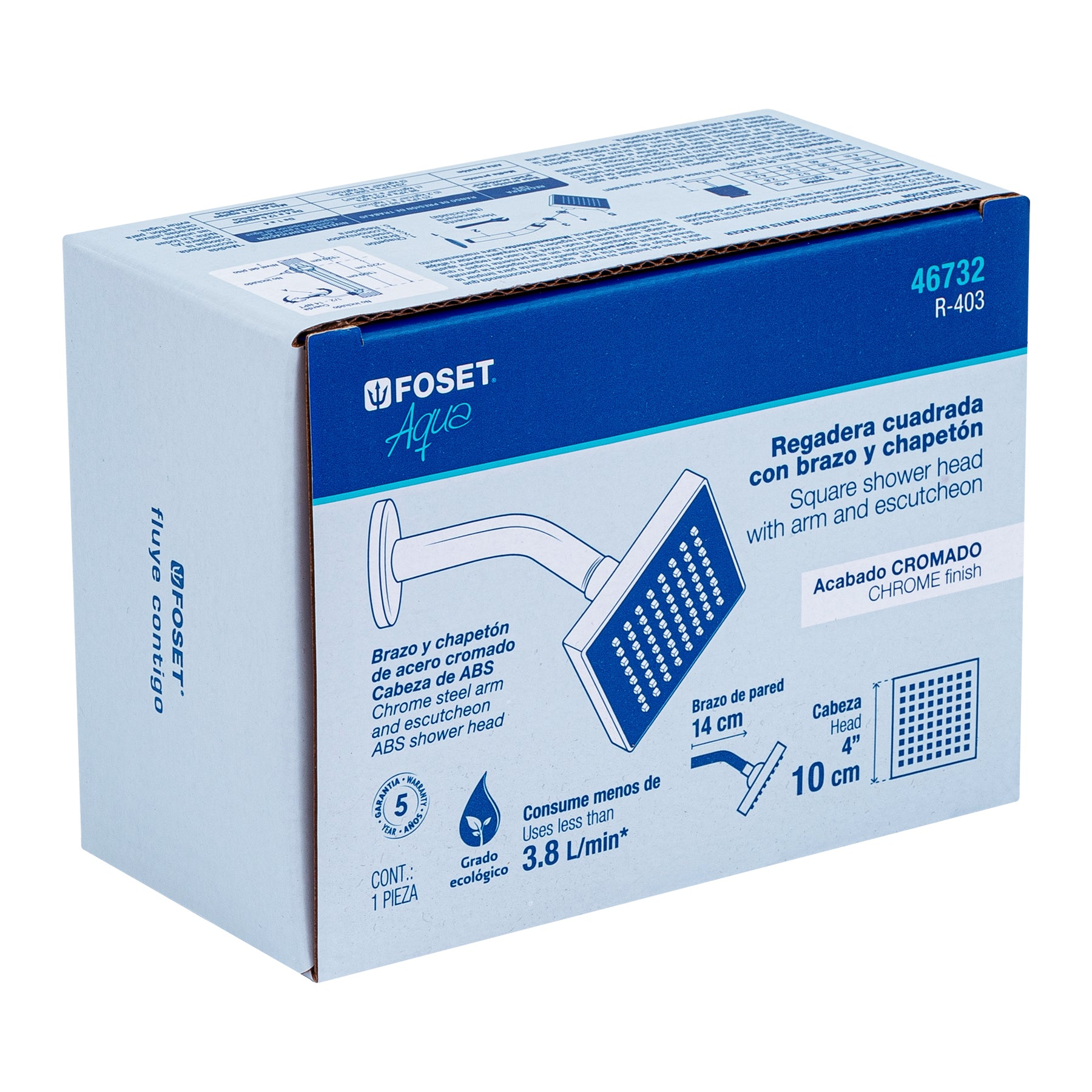 Foset R-403 Regadera cuadrada ABS 4' acabado cromo con brazo