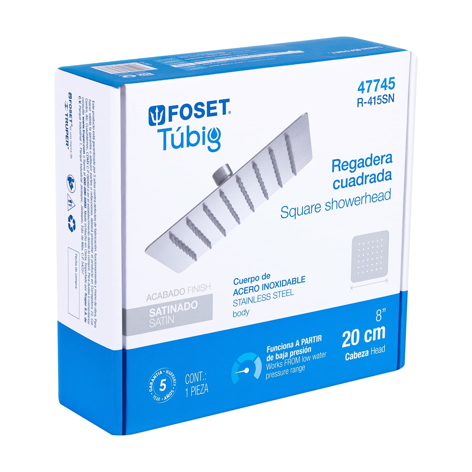 Foset R-415SN Regadera cuadrada 8', acero inox, sin brazo, satín, Túbig