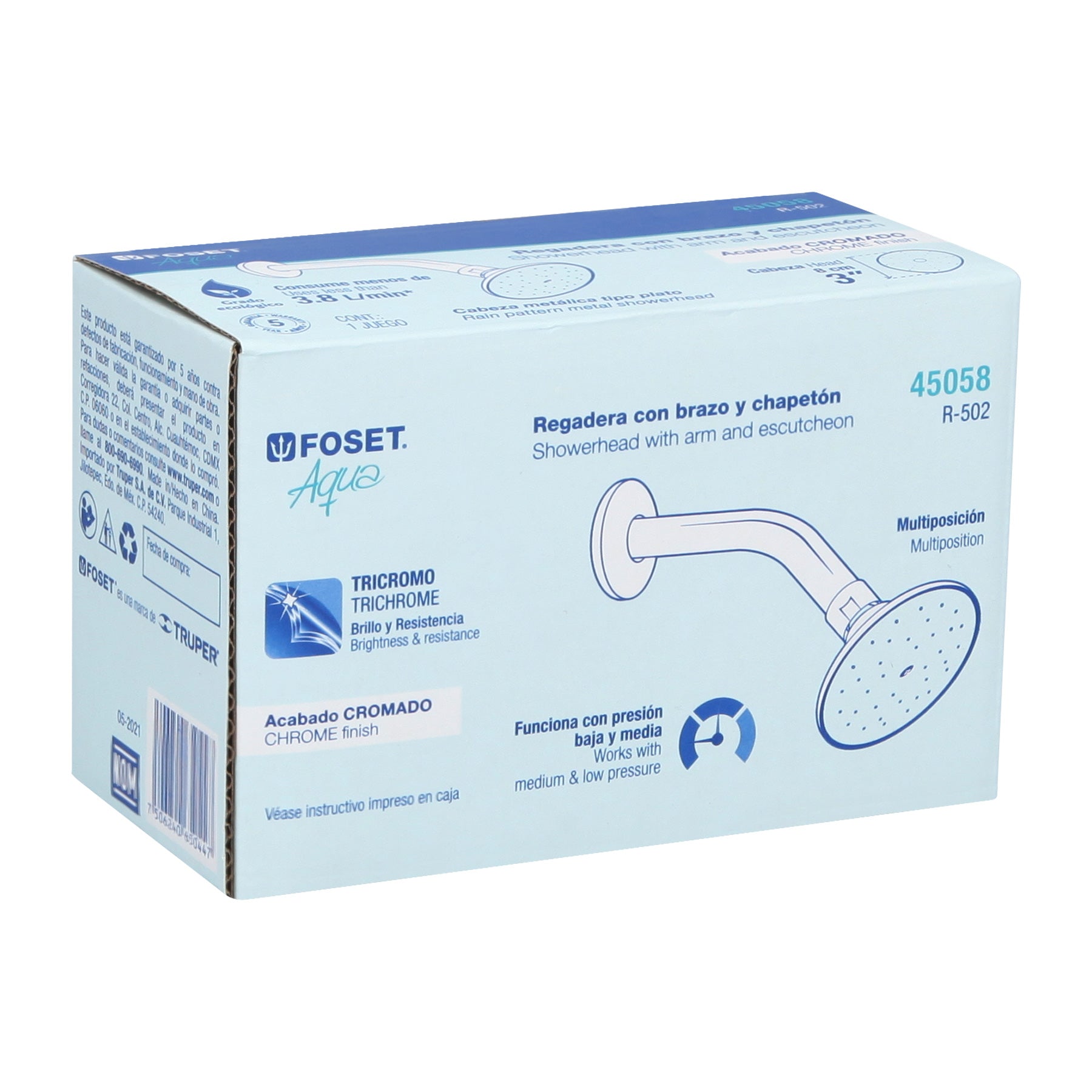 Foset R-502 Regadera redonda, zamak, 3' con brazo, Aqua