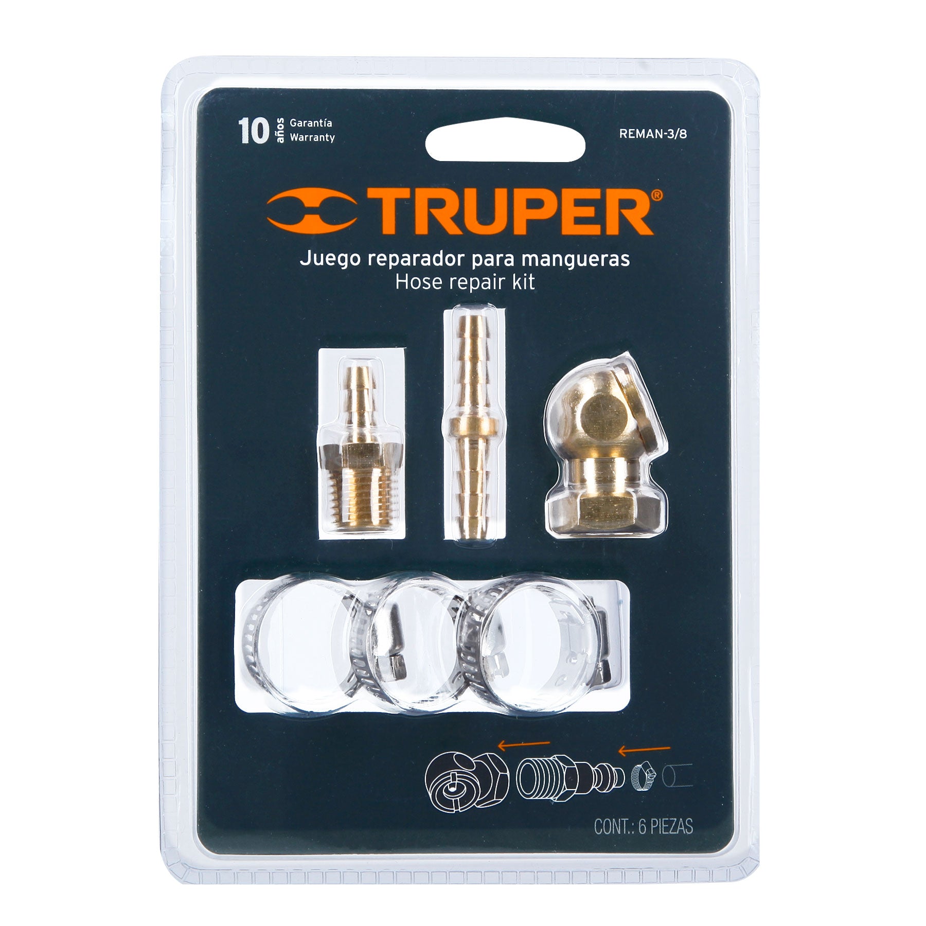 Truper REMAN-3/8 Juego para reparar mangueras de 3/8', 6 piezas
