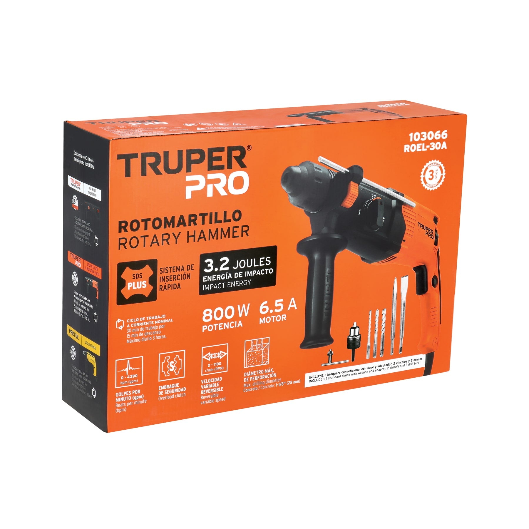103066 ROEL-30A Rotomartillo SDS Plus 3.2 Joules, 800W, TRUPER PRO
