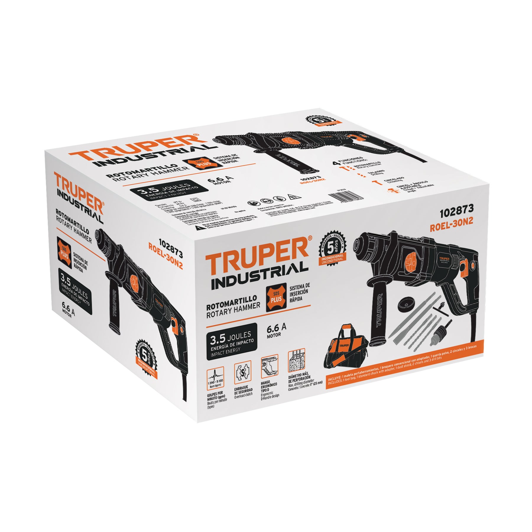 Truper ROEL-30N2 Rotomartillo SDS Plus, mango D, 3.5 Joules 800 W, industrial
