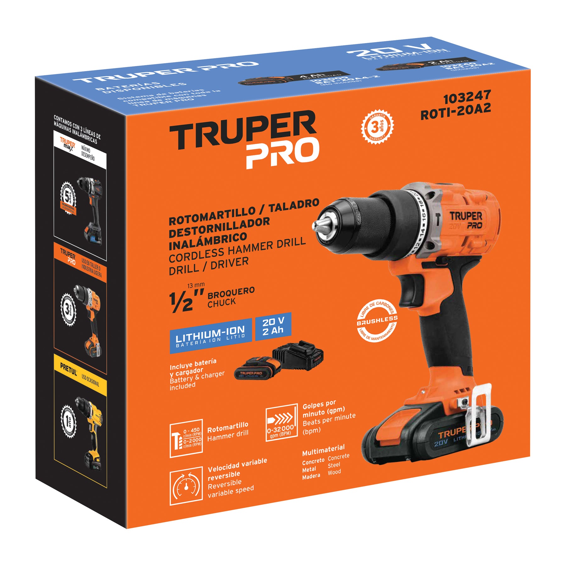 Rotomartillo 1/2", 20V, 1 batería 2Ah, PRO
