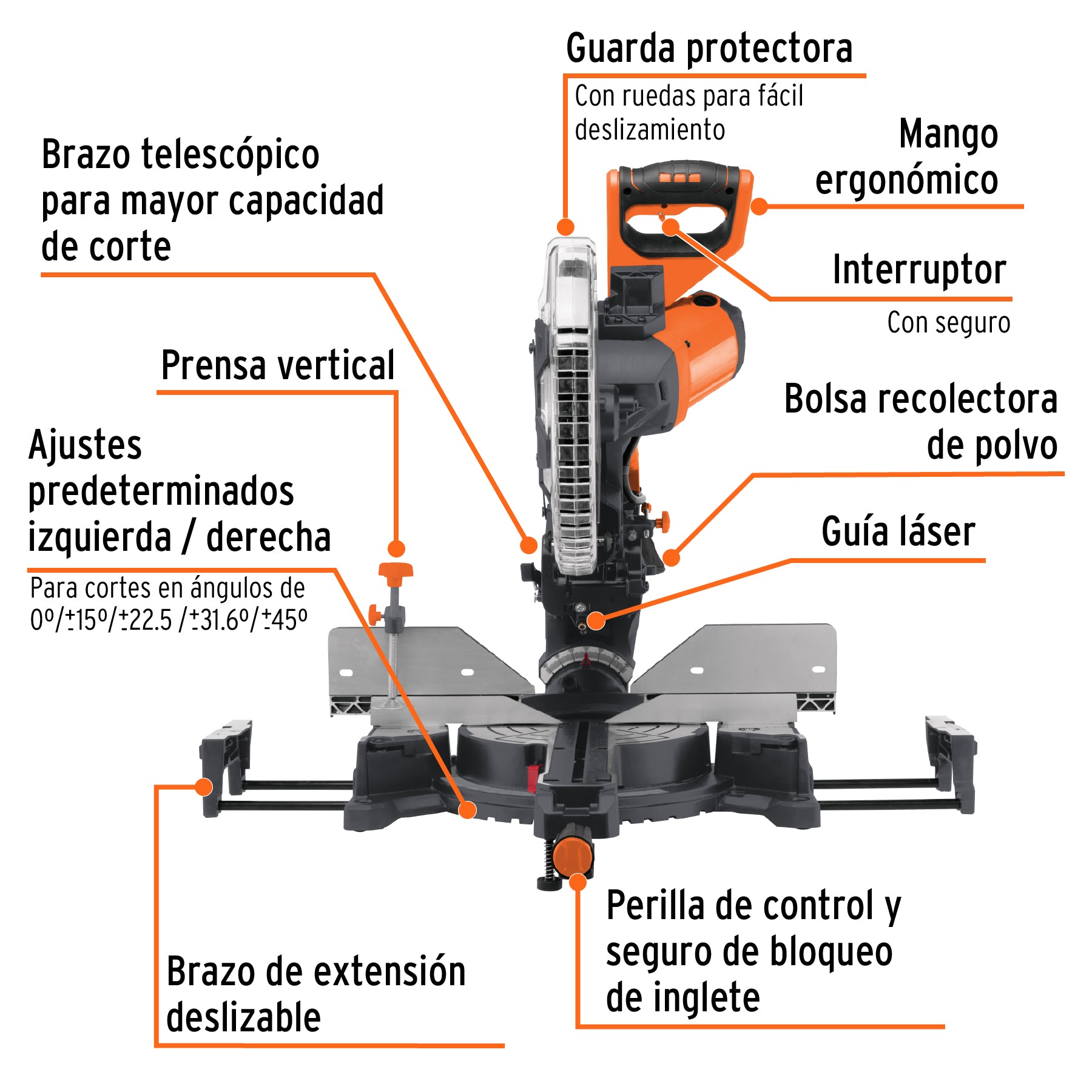 Sierra de inglete 12", 2000W telescópica compuesta, TRUPER