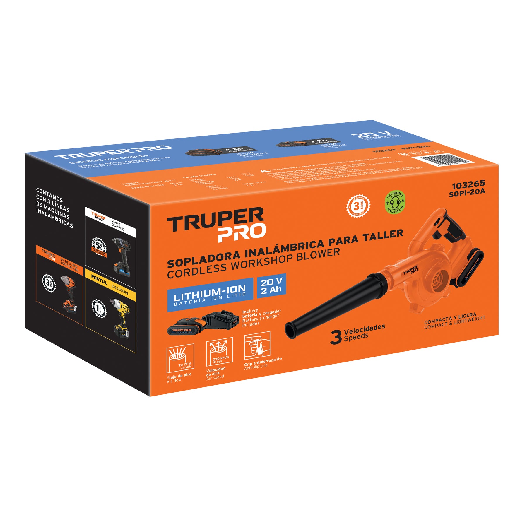 Sopladora para taller, 20V, 1 batería 2Ah, PRO