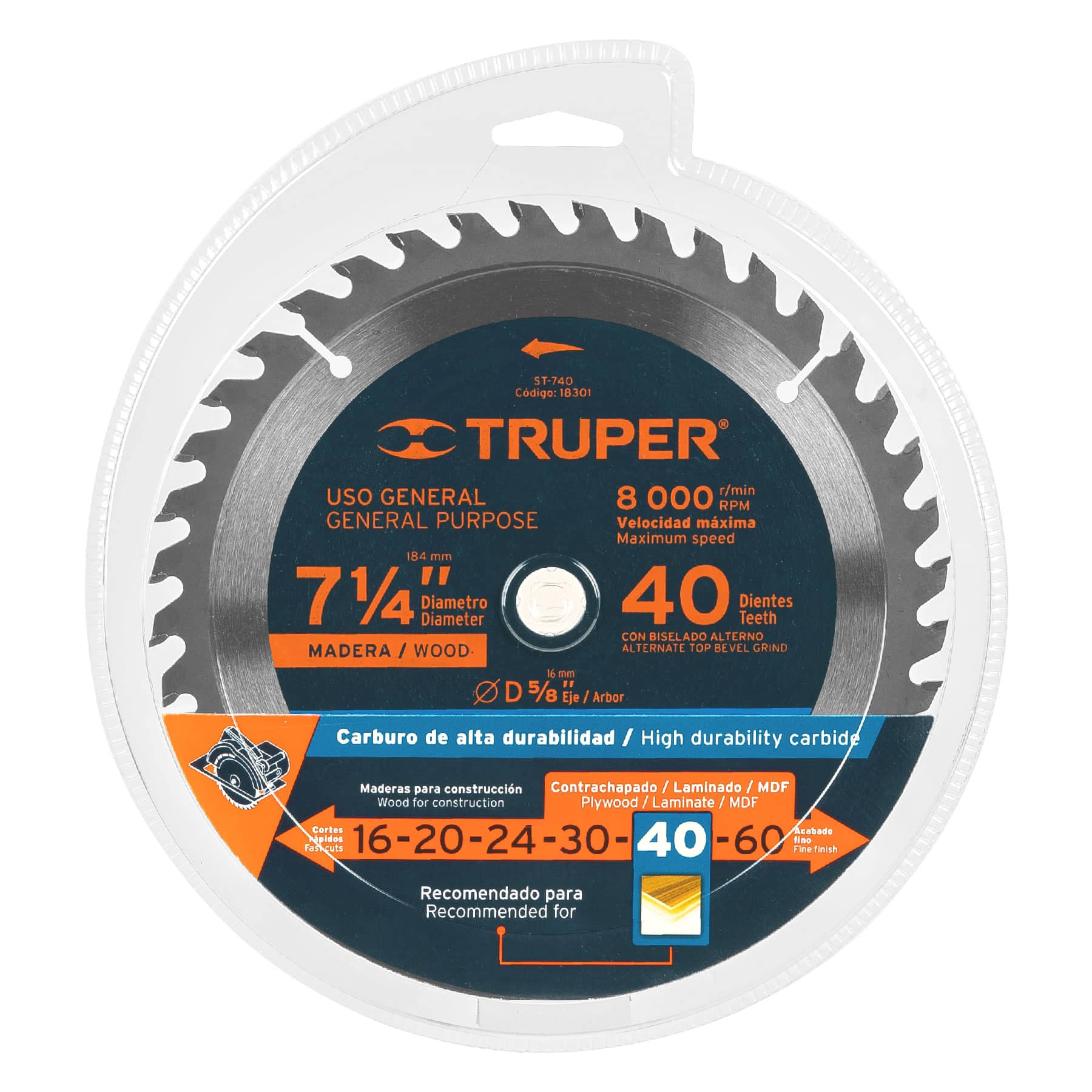 Truper ST-740 Disco sierra p/madera 7-1/4', 40 dientes, centro 5/8'