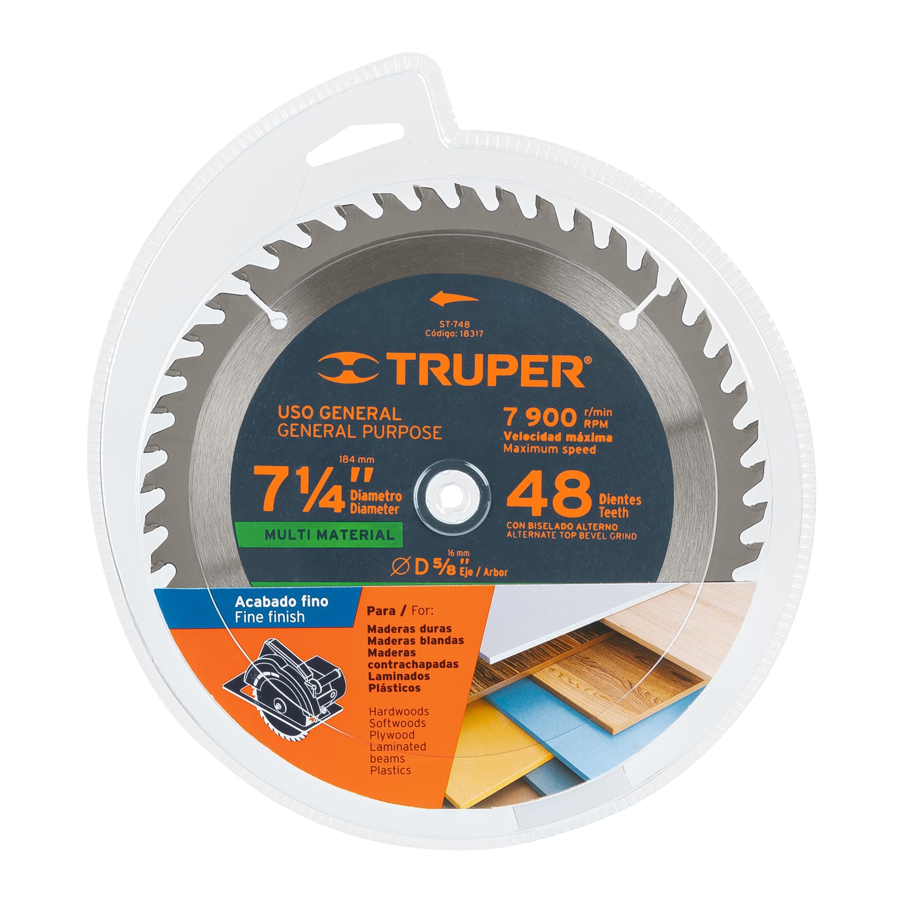 Truper ST-748 Disco sierra p/plástico 7-1/4',-48-dientes,-centro-5/8'