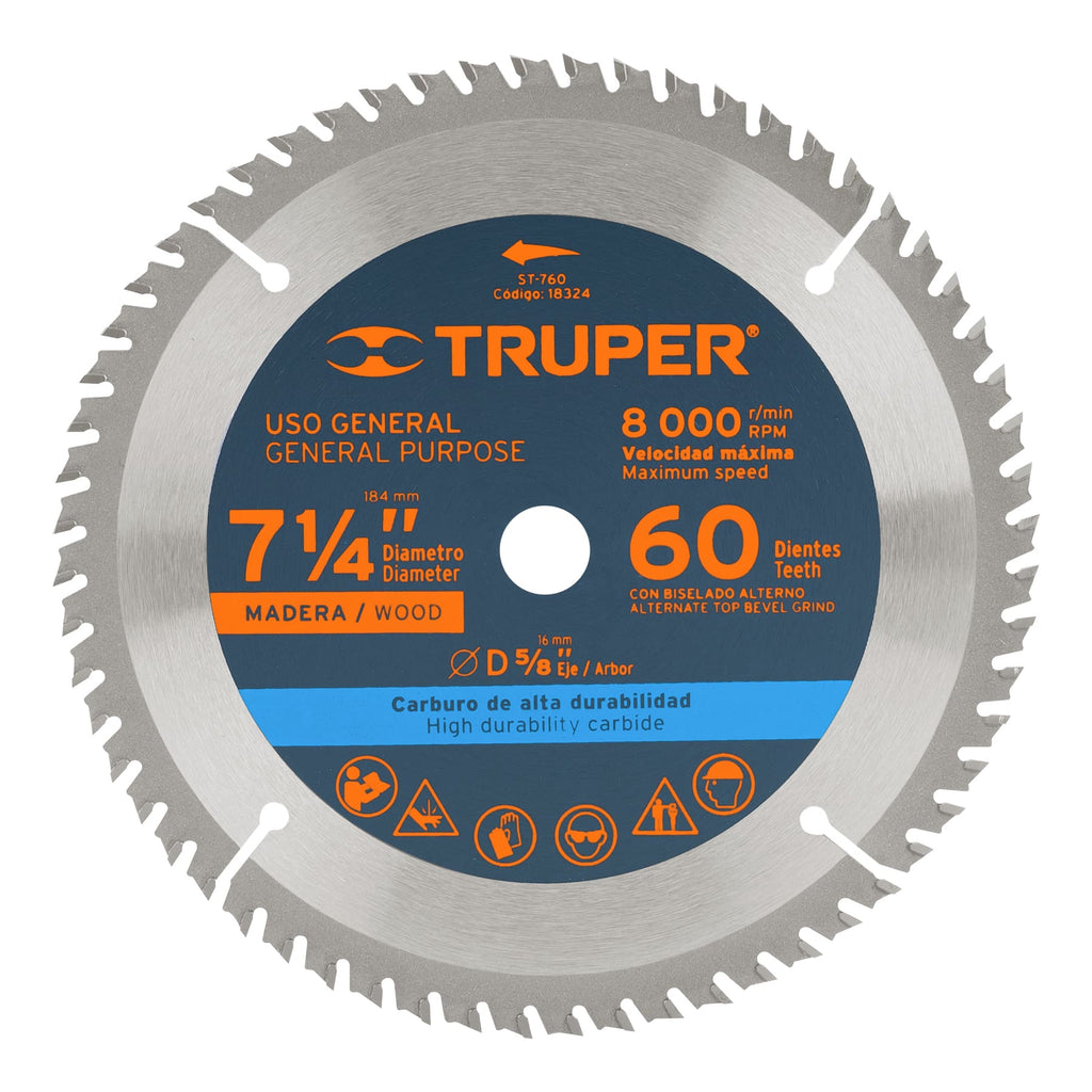 Truper ST-760 Disco sierra 7- 1/4' para madera, 60 dientes centro 5/8'