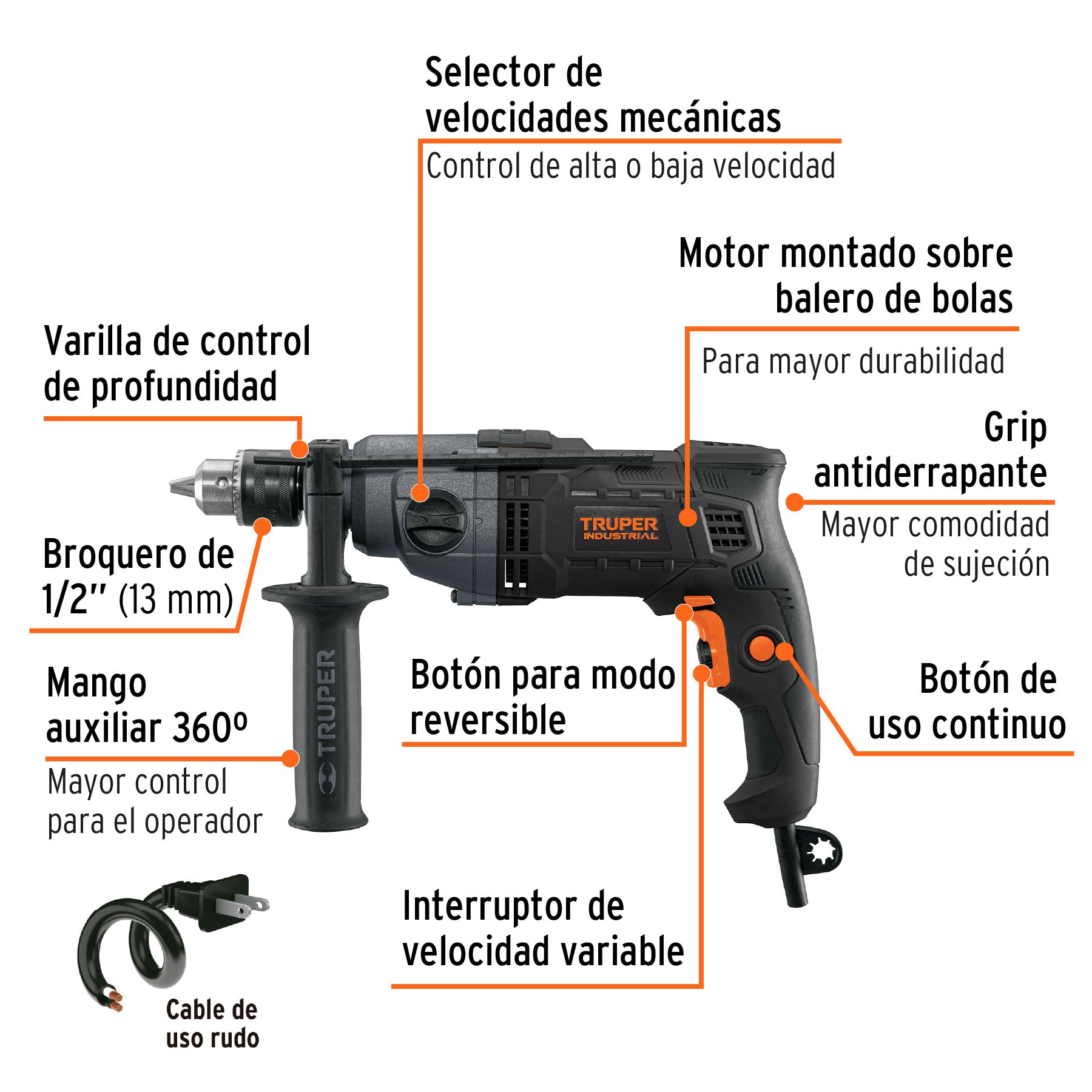 Taladro 1/2", 800W dos velocidades, TRUPER INDUSTRIAL