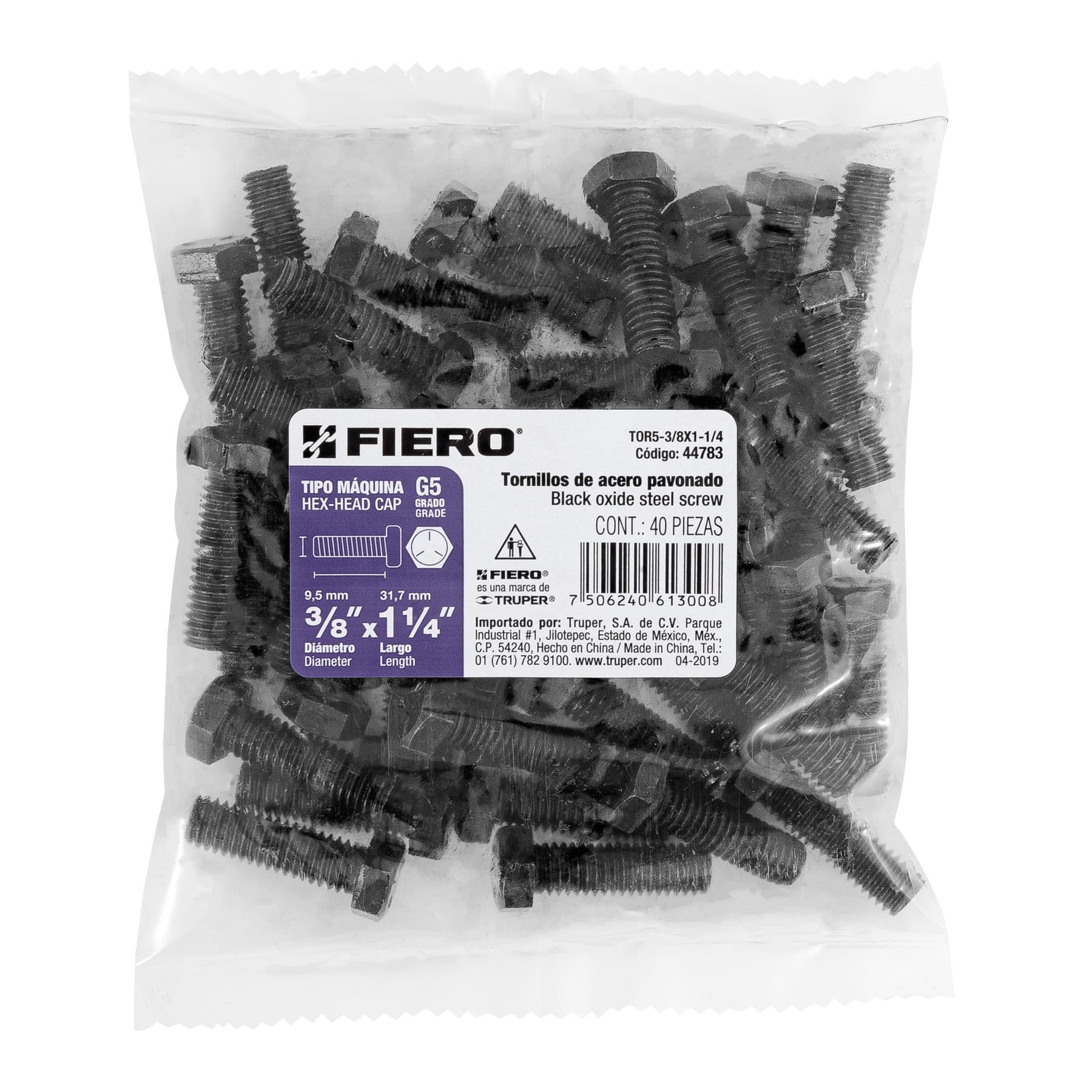 Fiero TOR5-3/8X1-1/4 Bolsa con 40 tornillos 3/8' x 1-1/4' de acero, grado 5