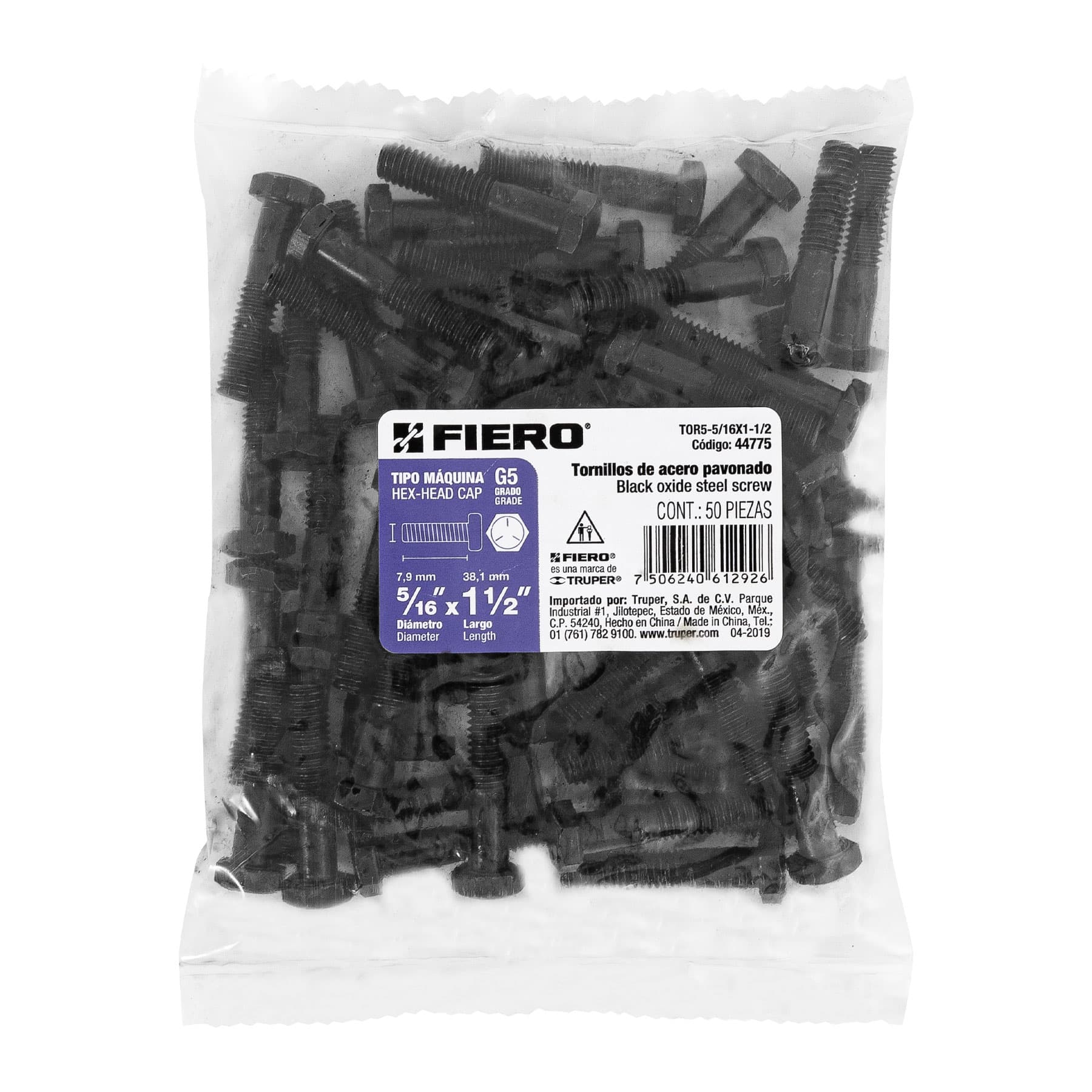 Fiero TOR5-5/16X1-1/2 Bolsa con 50 tornillos 5/16' X 1-1/2' de acero, grado 5