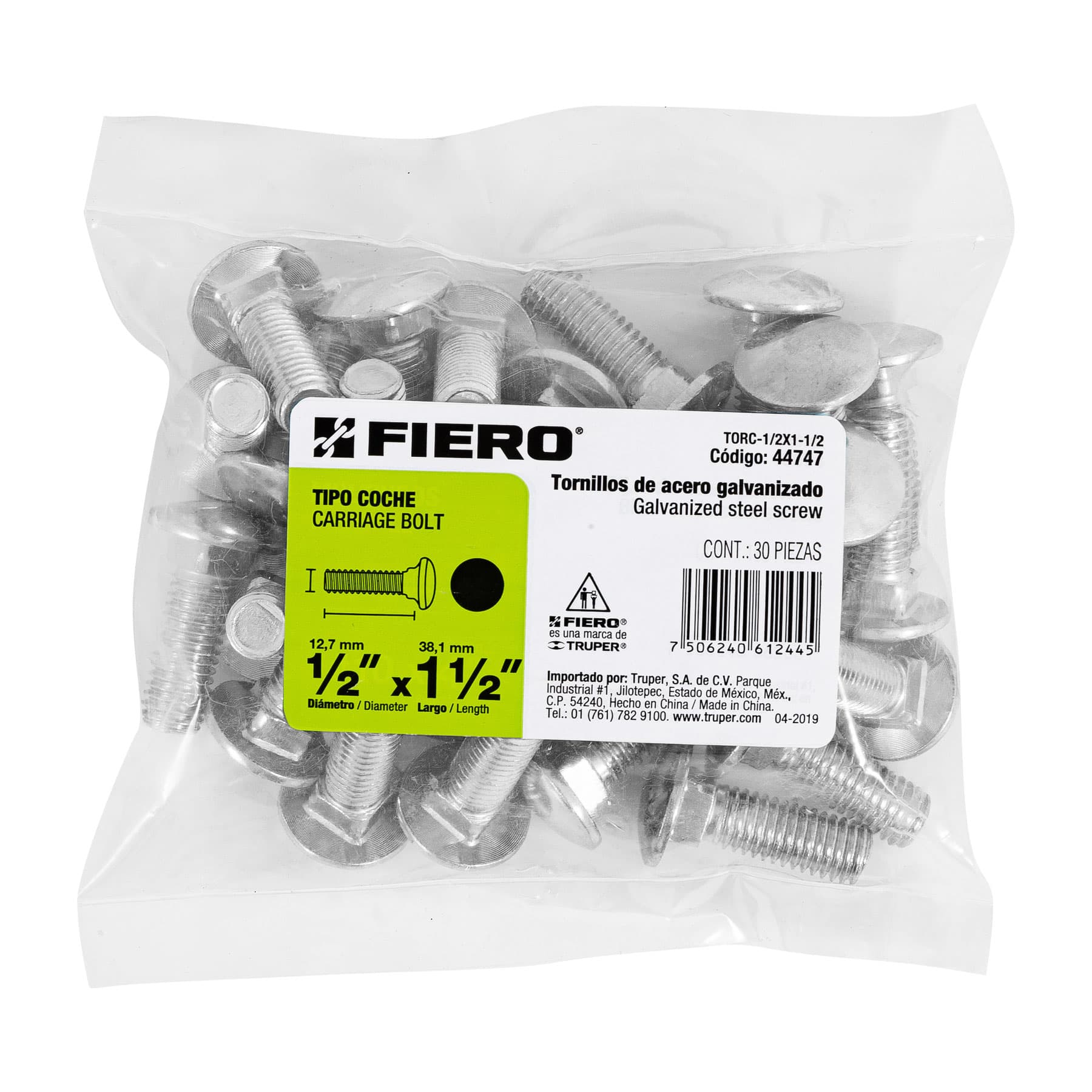 Fiero TORC-1/2X1-1/2 Bolsa con 30 tornillos 1/2' x 1-1/2' tipo coche