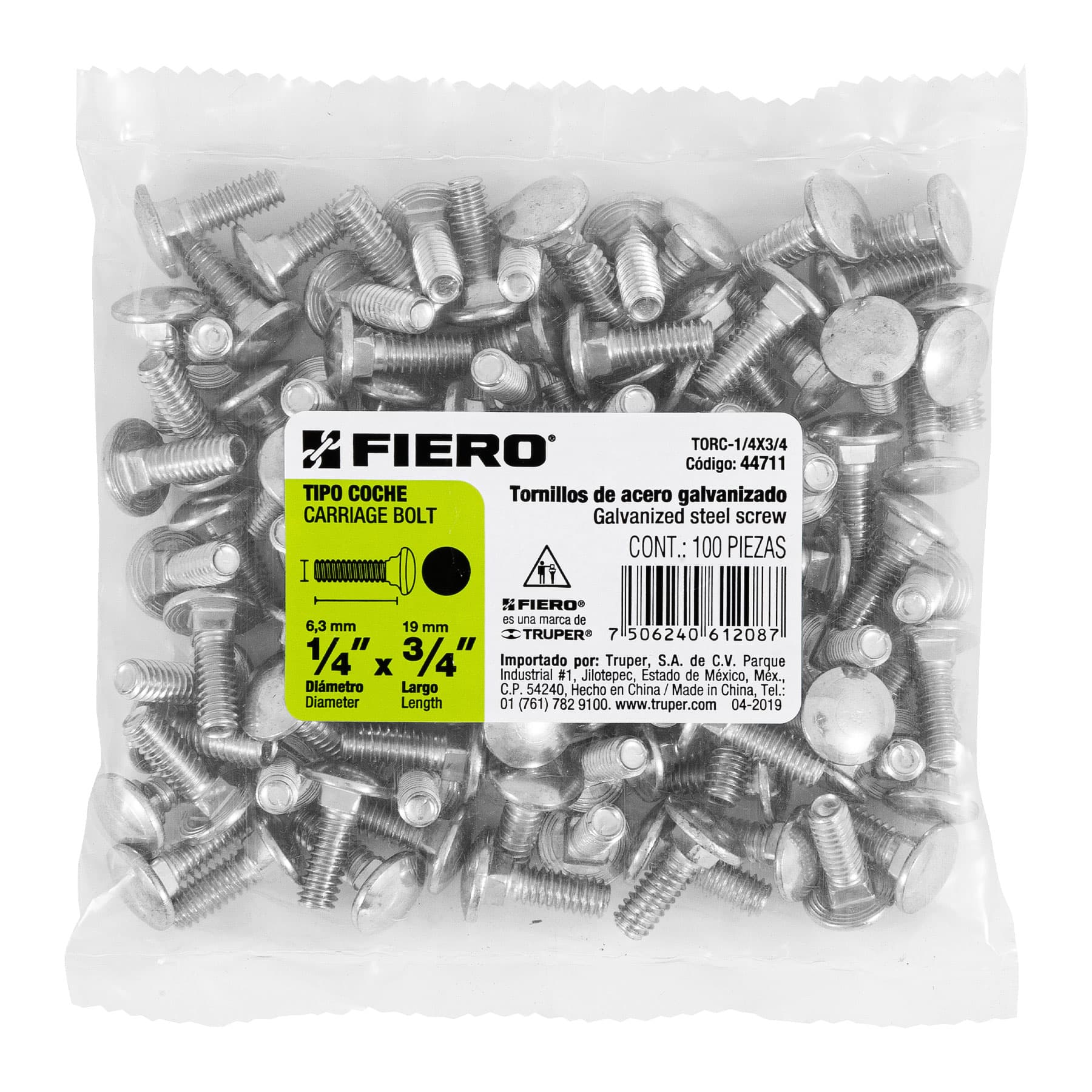 Fiero TORC-1/4X3/4 Bolsa con 100 tornillos 1/4' x 3/4' tipo coche