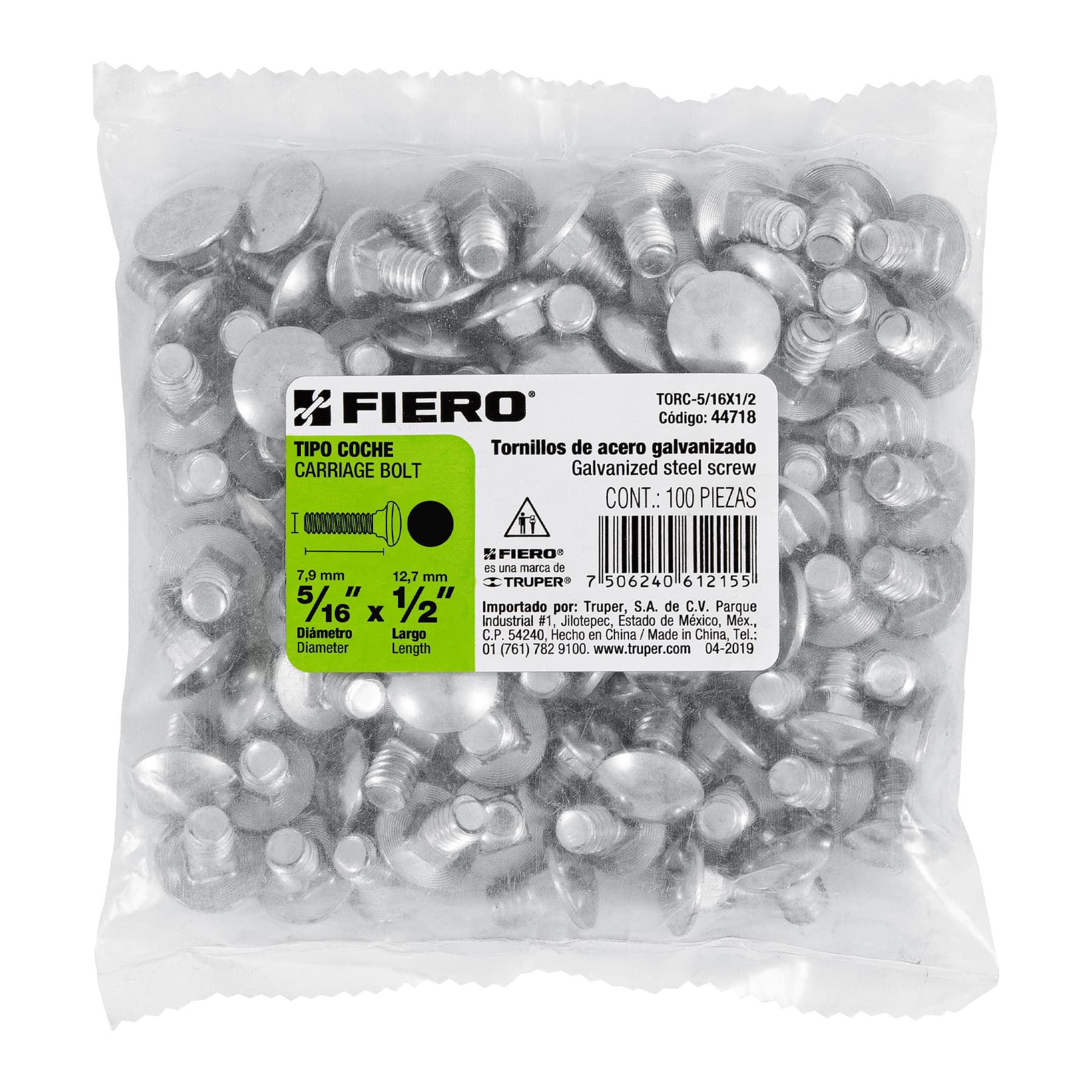 Fiero TORC-5/16X1/2 Bolsa con 100 tornillos 5/16' x 1/2' tipo coche
