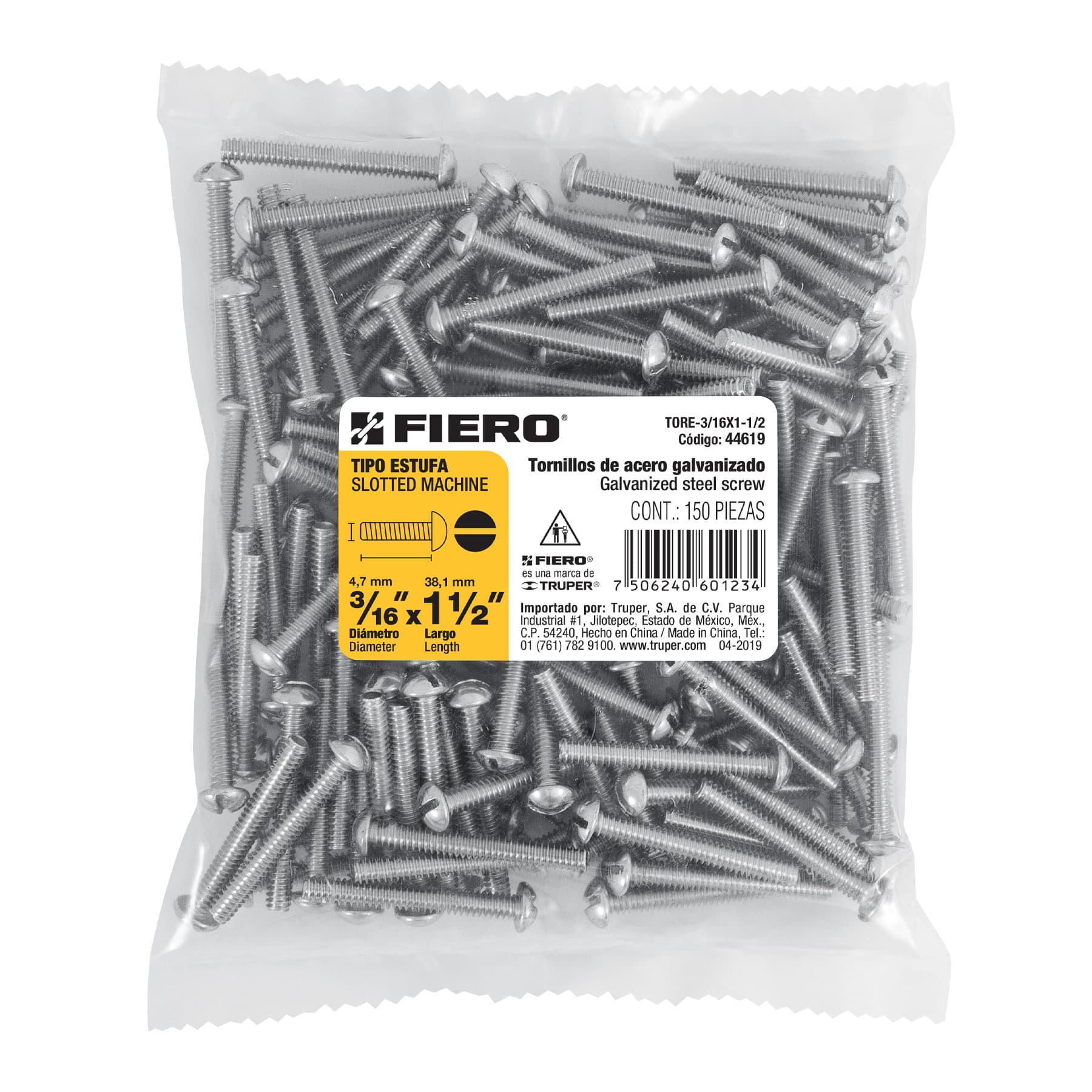 Fiero TORE-3/16X1-1/2 Bolsa con 150 tornillos 3/16' x 1-1/2' tipo estufa