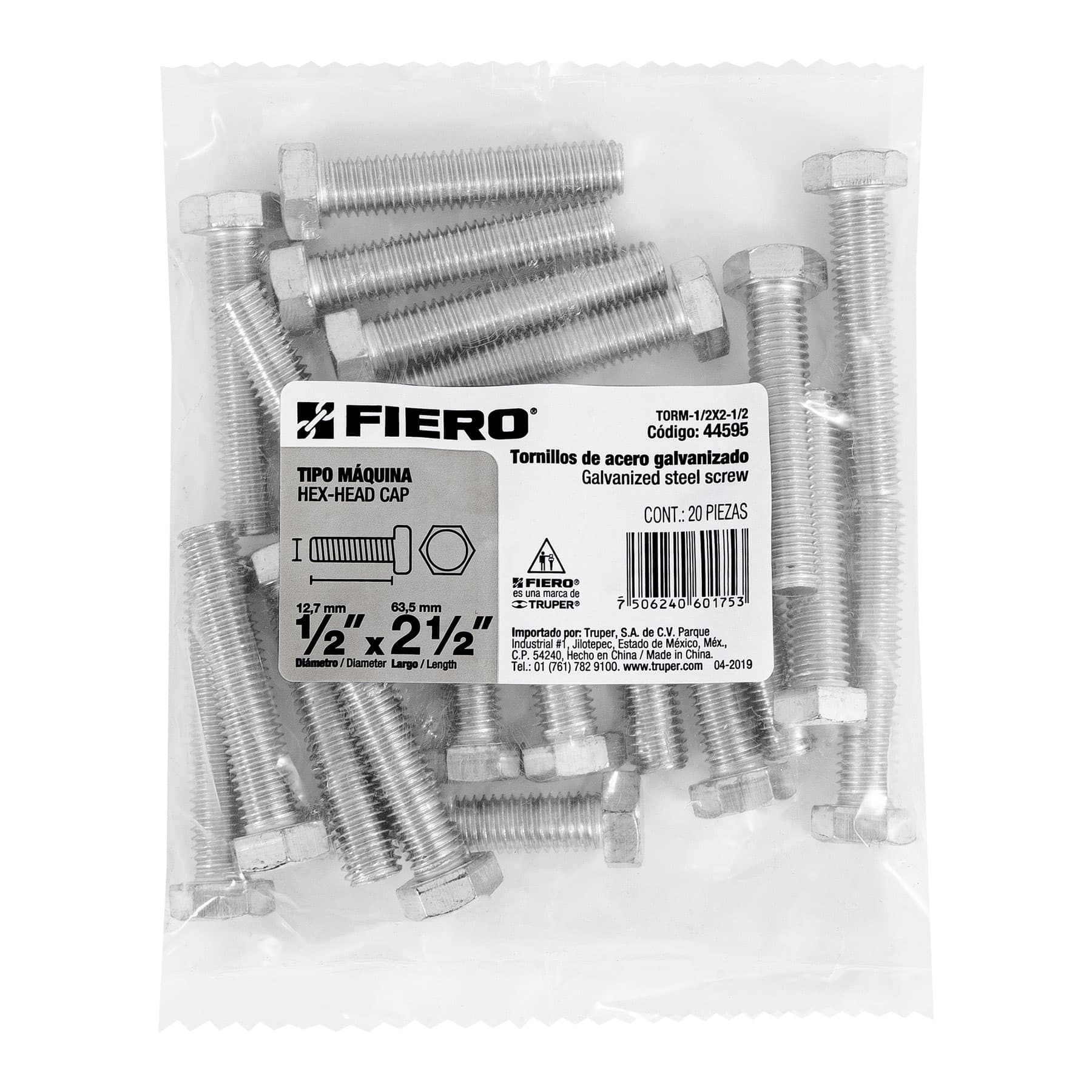 Fiero TORM-1/2X2-1/2 Tornillo tipo máquina, 1/2 x 2-1/2', bolsa con20 pzas