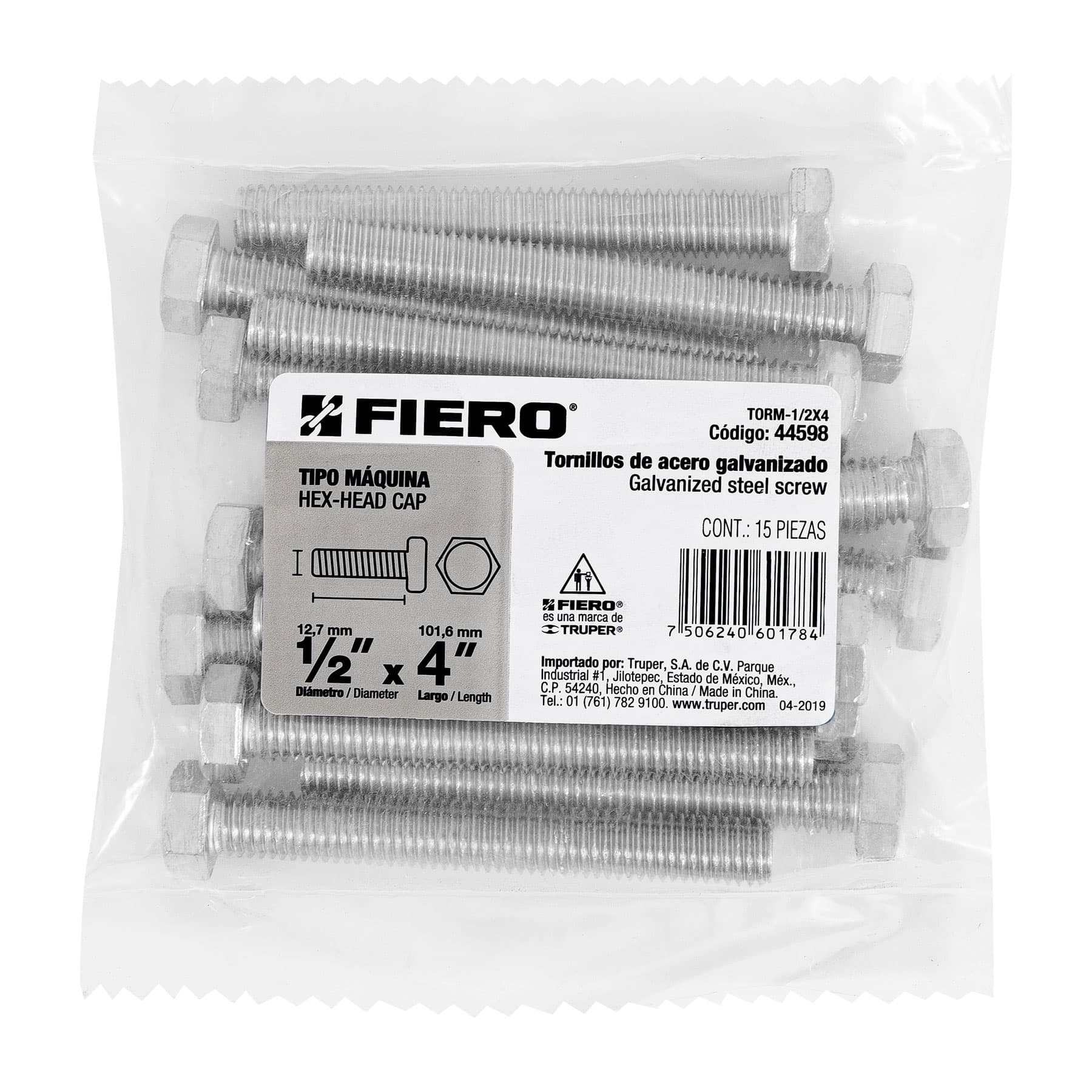 Fiero TORM-1/2X4 Bolsa con 15 tornillos 1/2' x 4' tipo máquina