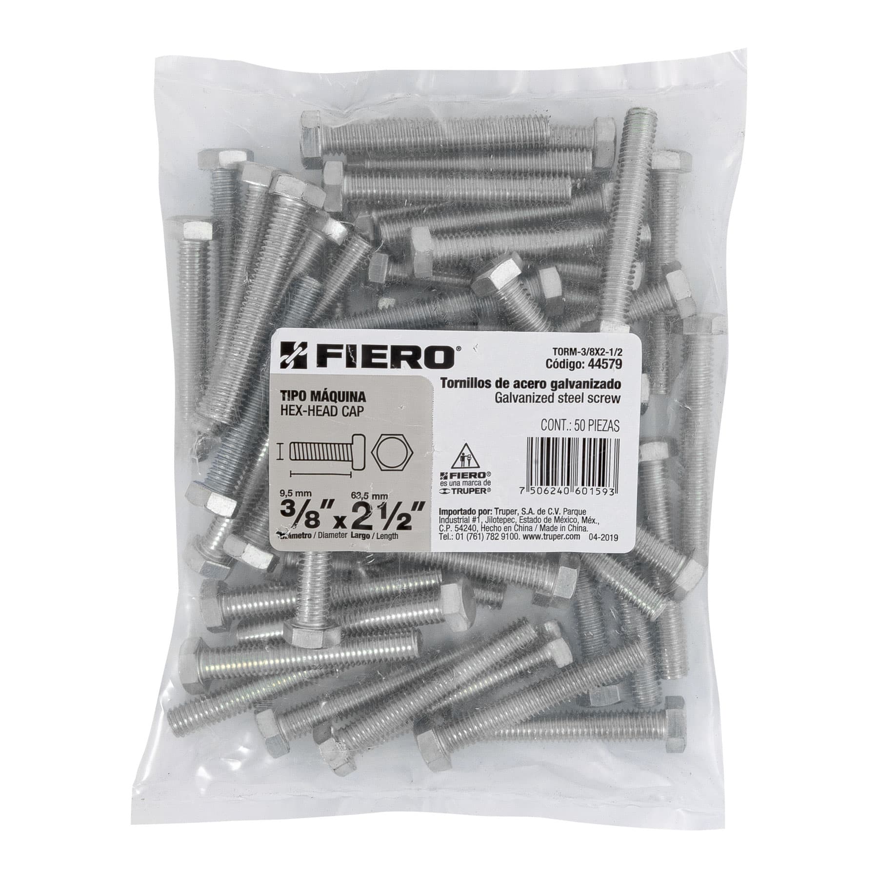 Fiero TORM-3/8X2-1/2 Bolsa con 50 tornillos 3/8' x 2-1/2' tipo máquina
