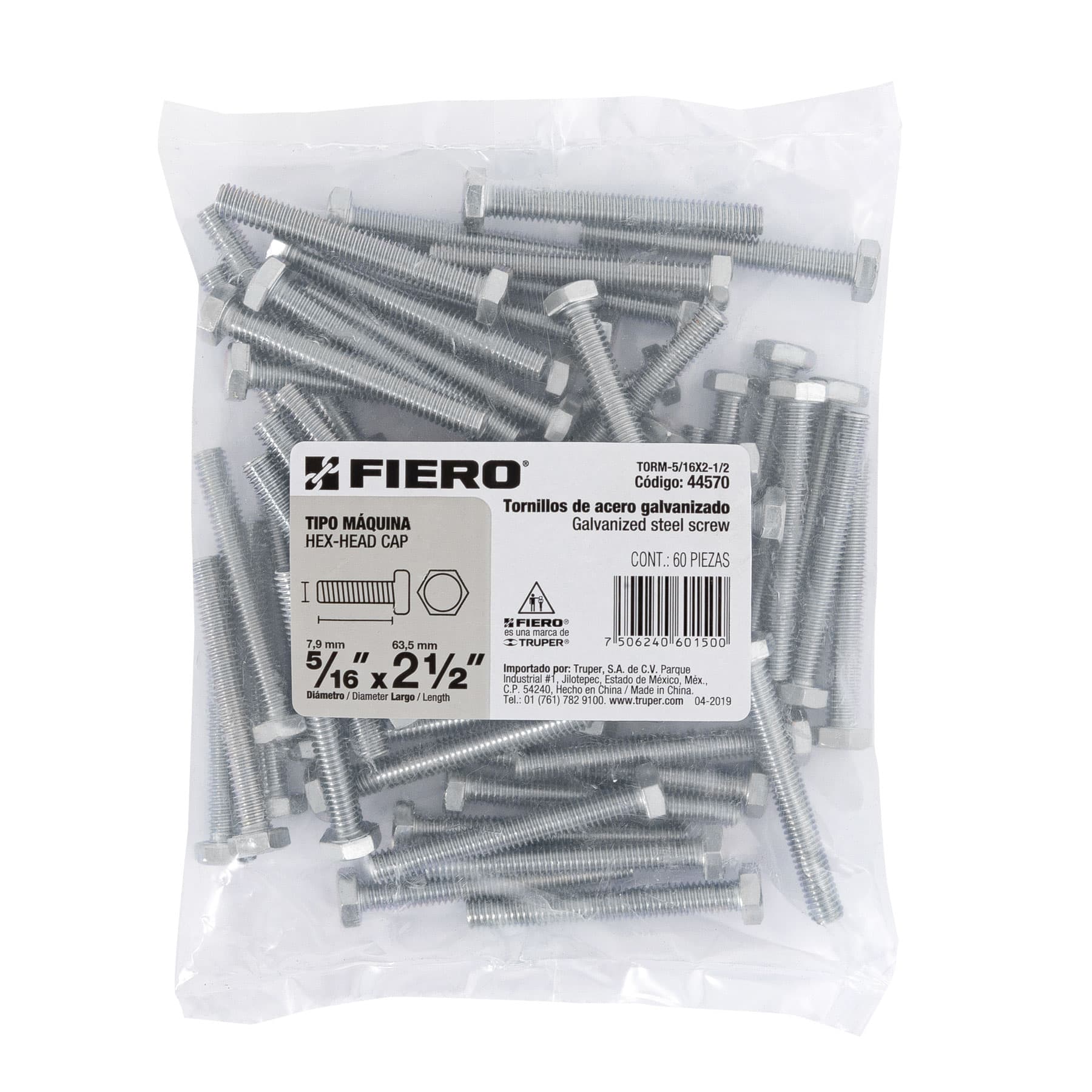 Fiero TORM-5/16X2-1/2 Bolsa con 60 tornillos 5/16' x 2-1/2' tipo máquina