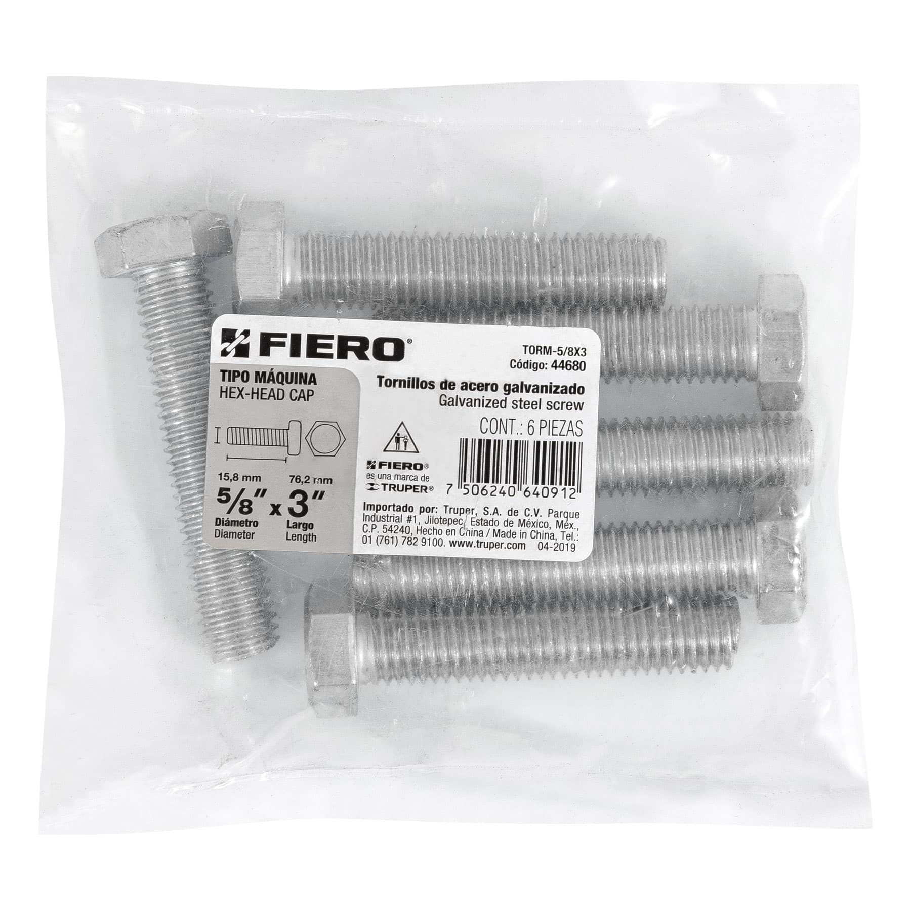 Fiero TORM-5/8X3 Bolsa con 6 tornillos 5/8' x 3' tipo máquina